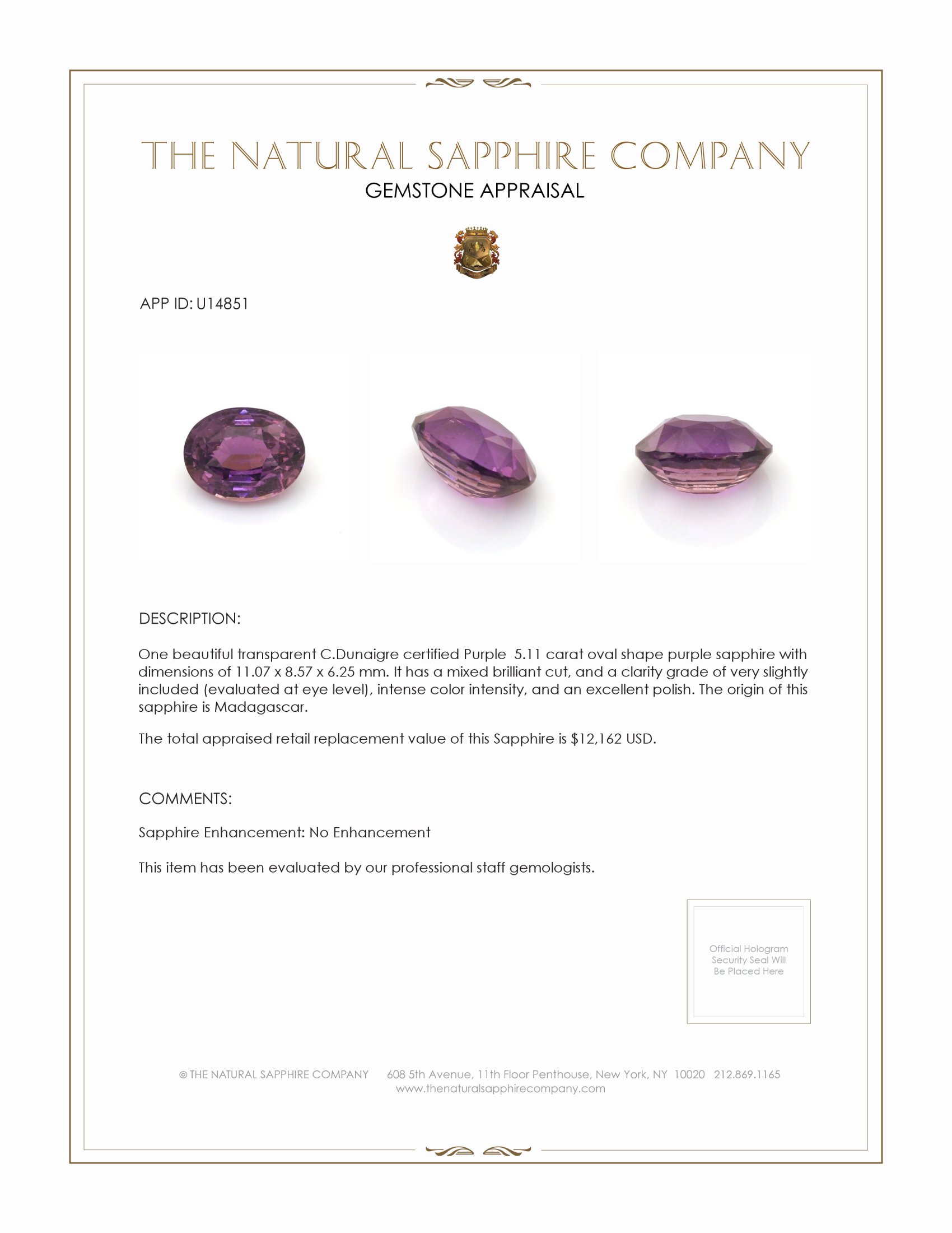 5.11 Ct. Purple Sapphire from Madagascar