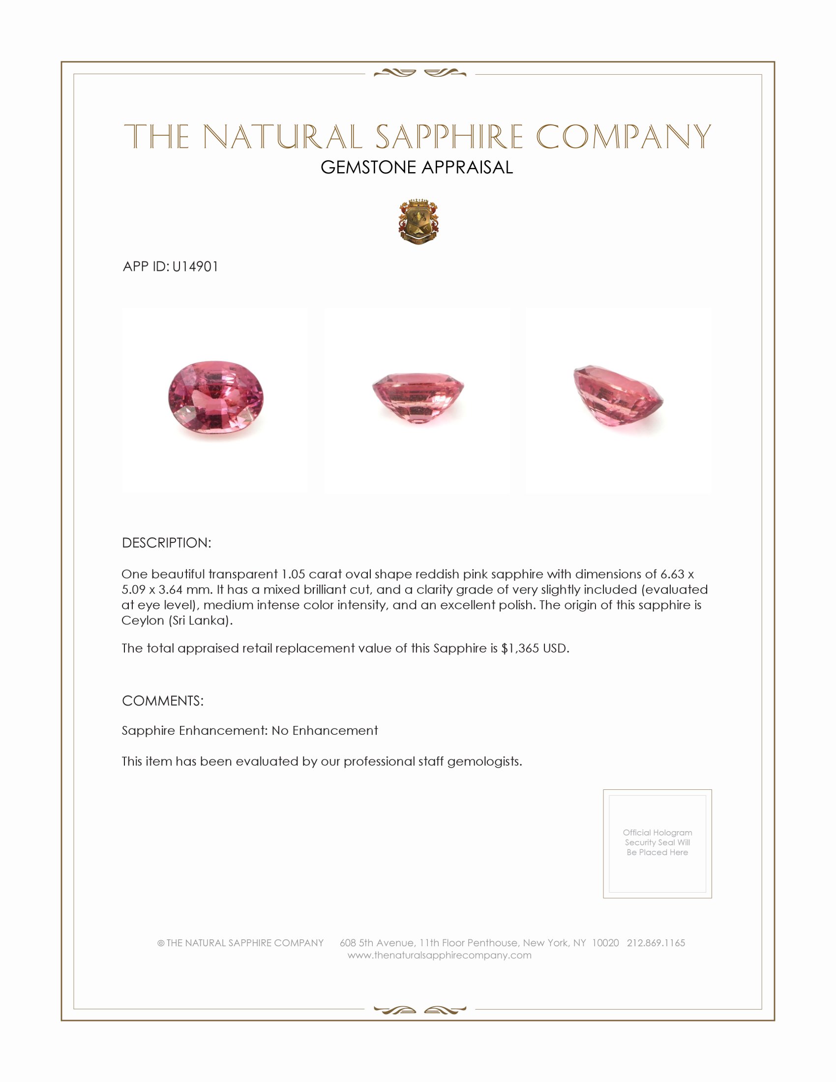 1.05 Ct. Reddish Pink Sapphire from Ceylon (Sri Lanka)
