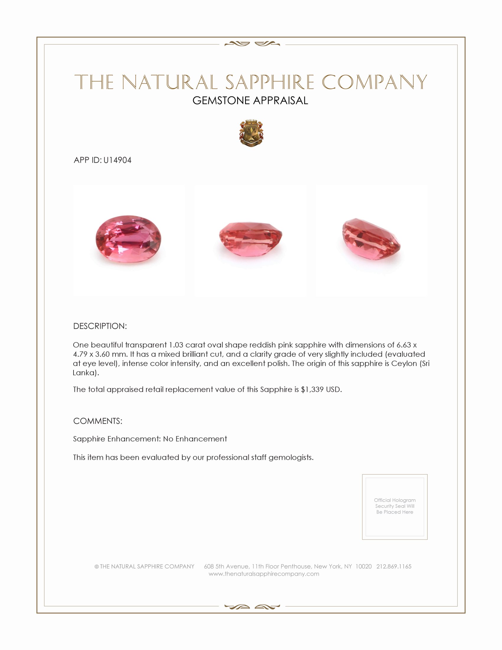 1.03 Ct. Reddish Pink Sapphire from Ceylon (Sri Lanka)