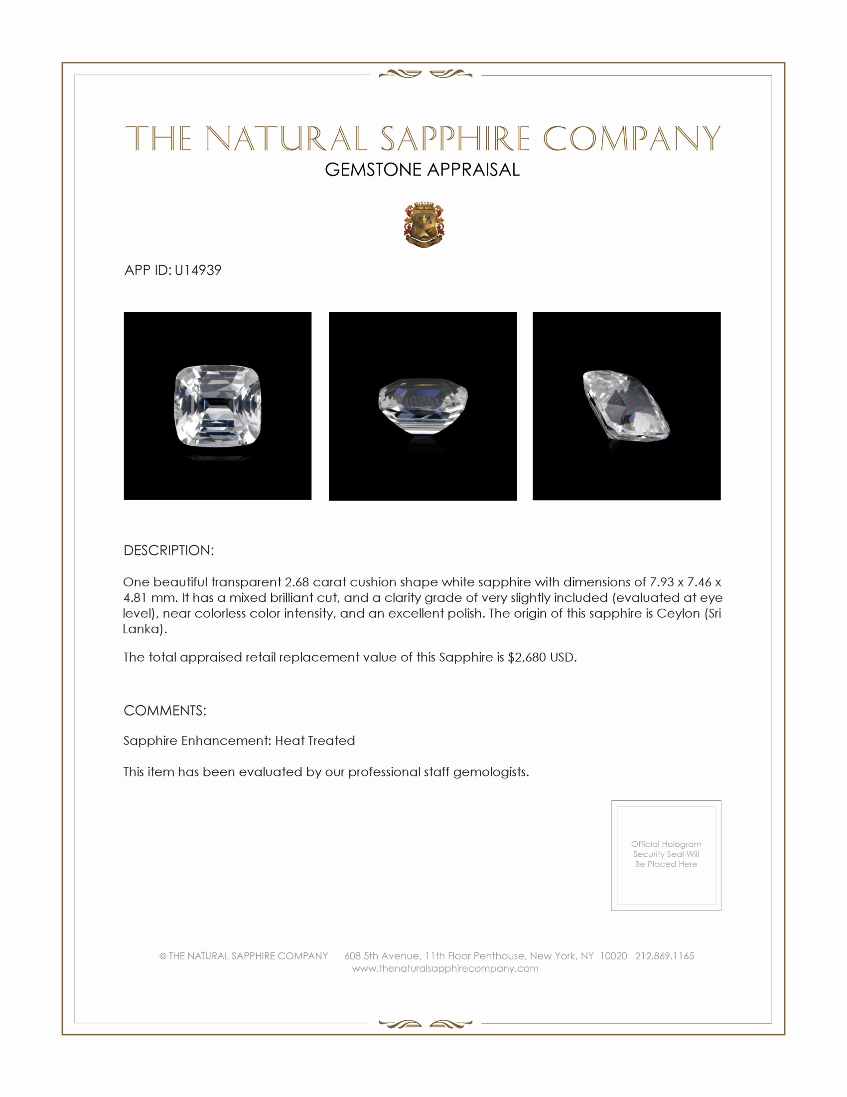 2.68 Ct. White Sapphire from Ceylon (Sri Lanka)