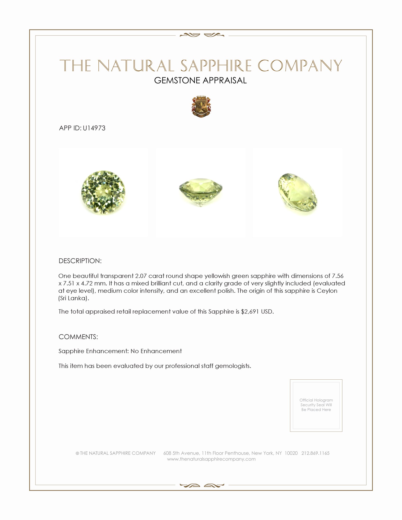 2.07 Ct. Yellowish Green Sapphire from Ceylon (Sri Lanka)