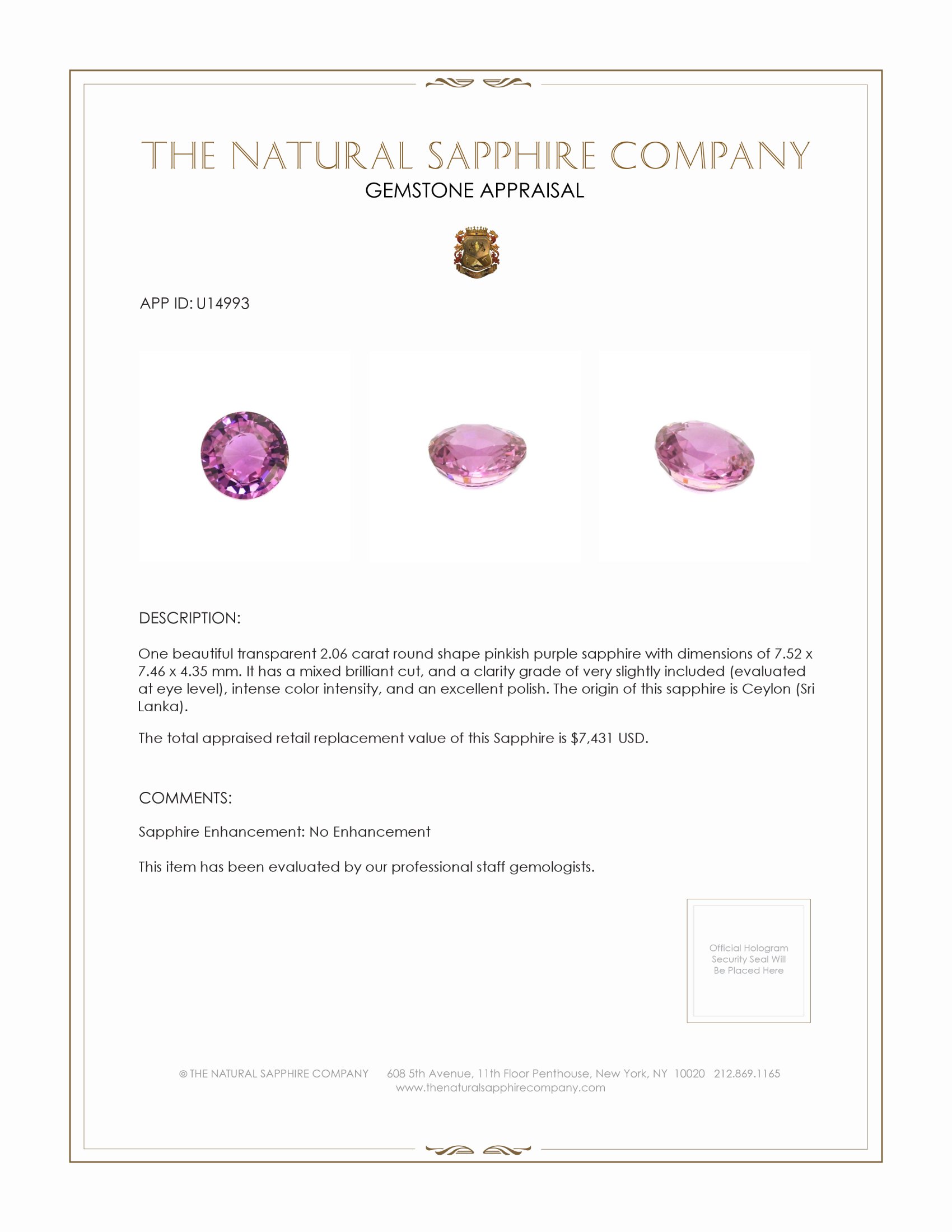 2.06 Ct. Pinkish Purple Sapphire from Ceylon (Sri Lanka)