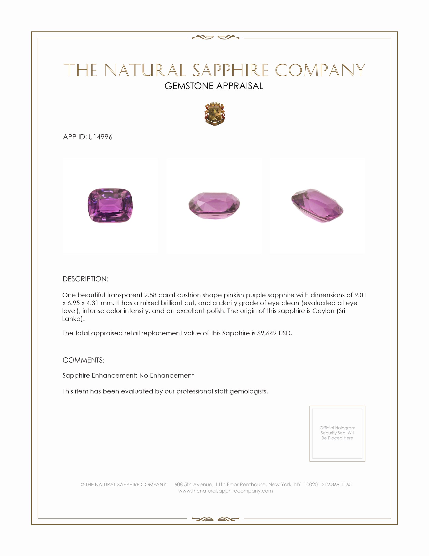 2.57 Ct. Pinkish Purple Sapphire from Madagascar