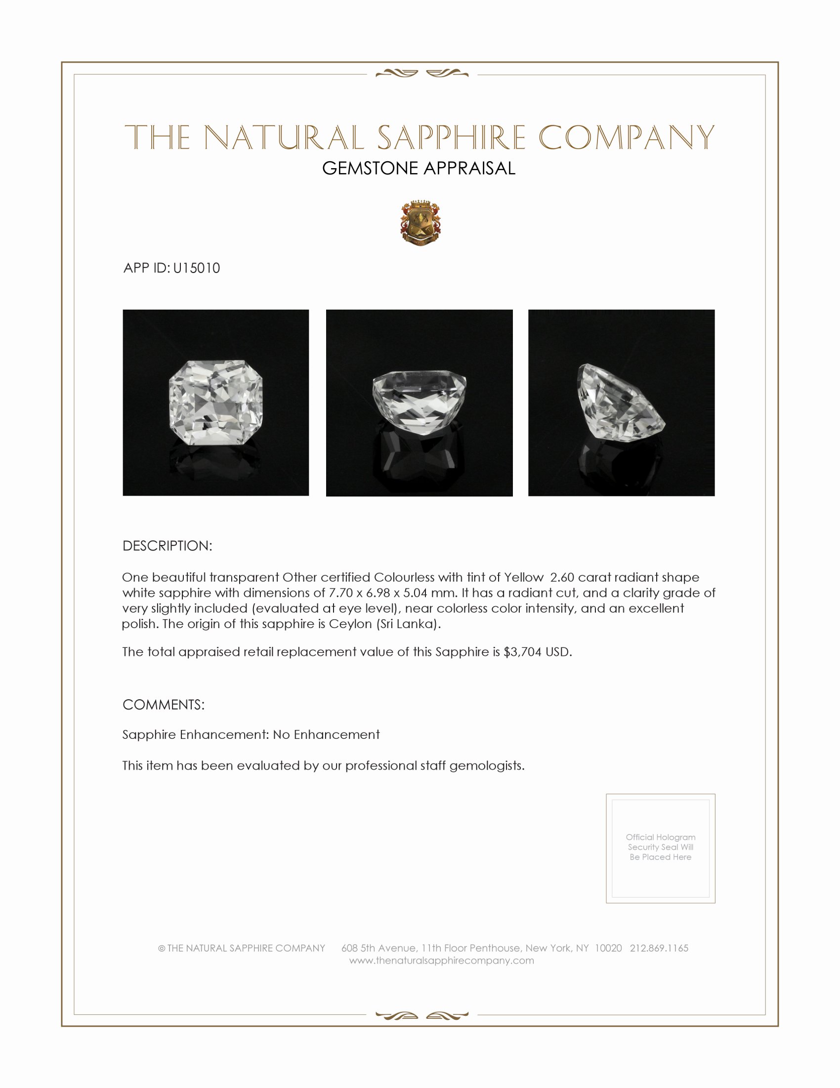 2.60 Ct. White Sapphire from Ceylon (Sri Lanka)
