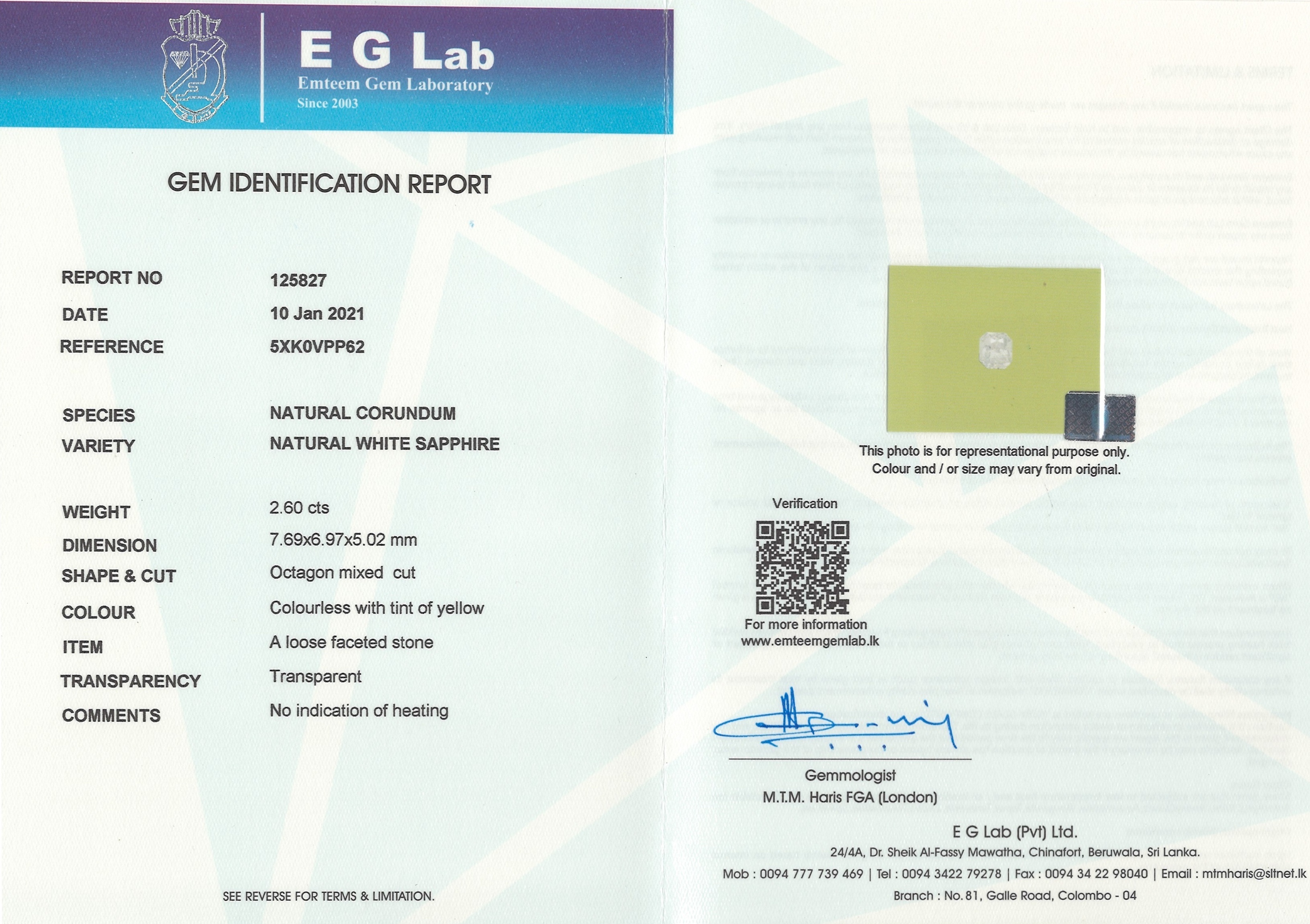 2.60 Ct. White Sapphire from Ceylon (Sri Lanka)
