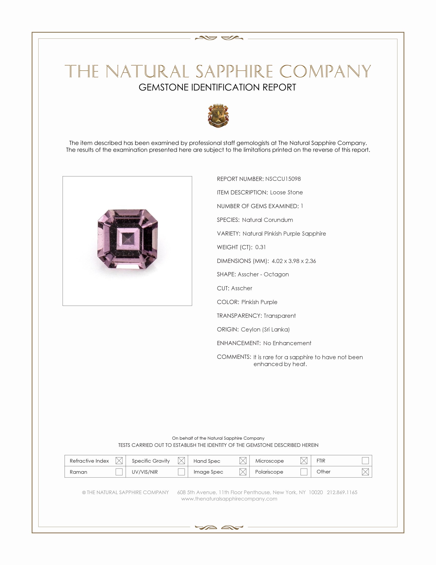 0.31 Ct. Pinkish Purple Sapphire from Ceylon (Sri Lanka)