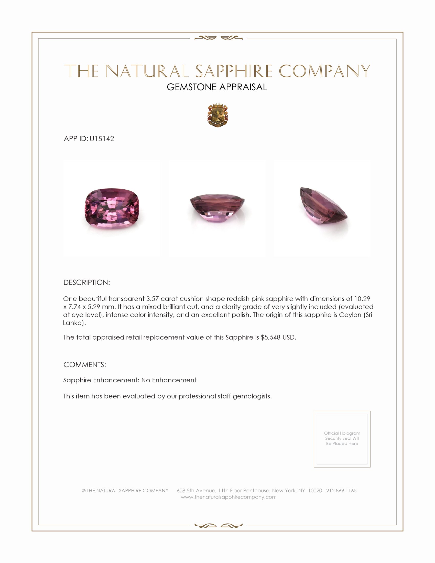 3.57 Ct. Reddish Pink Sapphire from Ceylon (Sri Lanka)