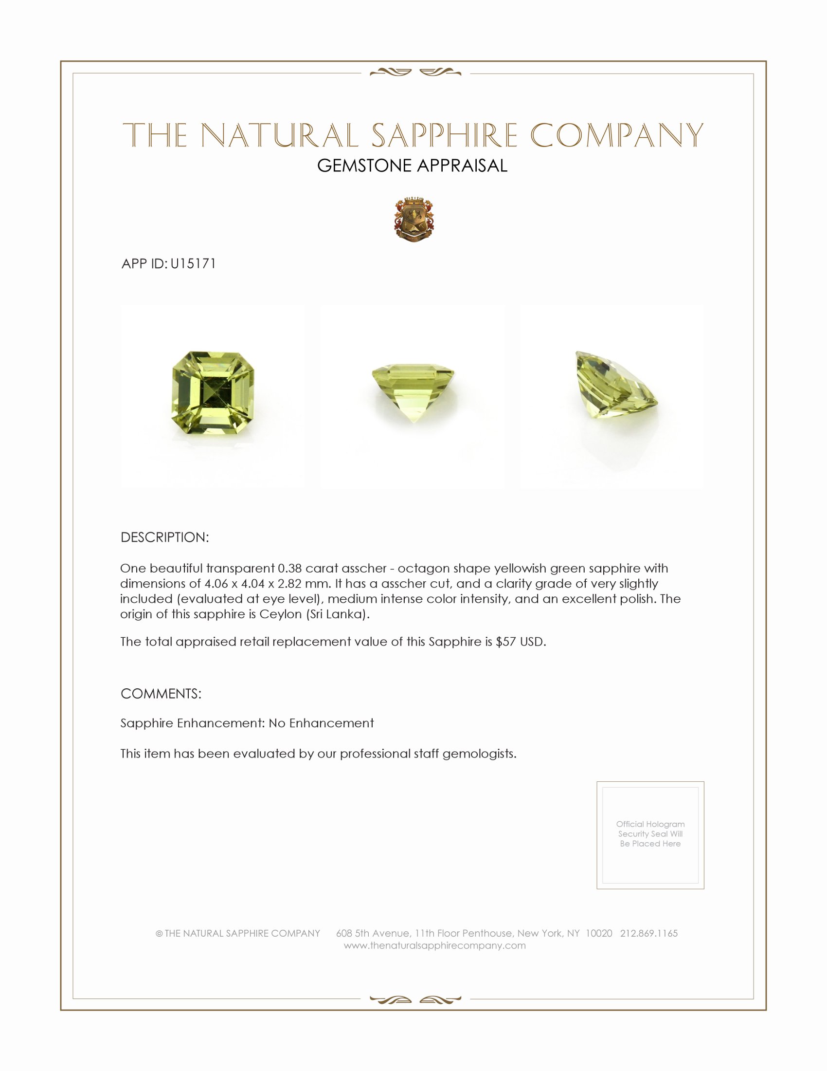 0.38 Ct. Yellowish Green Sapphire from Ceylon (Sri Lanka)