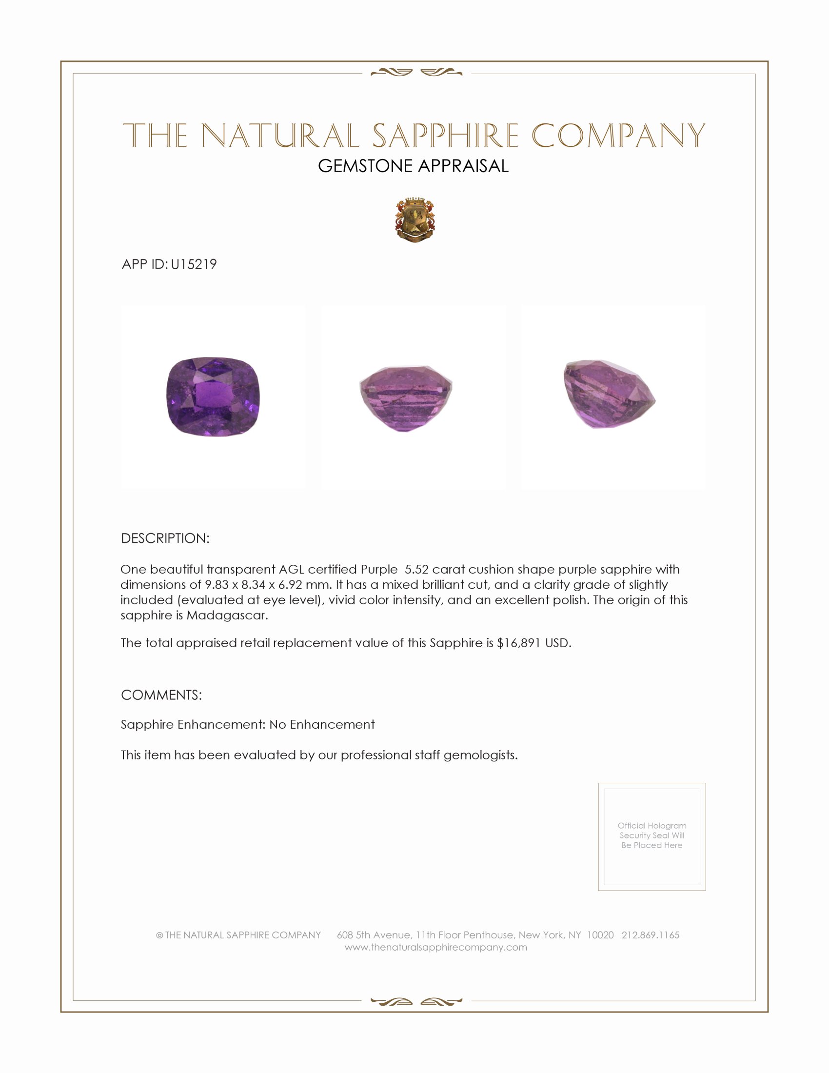 5.52 Ct. Purple Sapphire from Madagascar