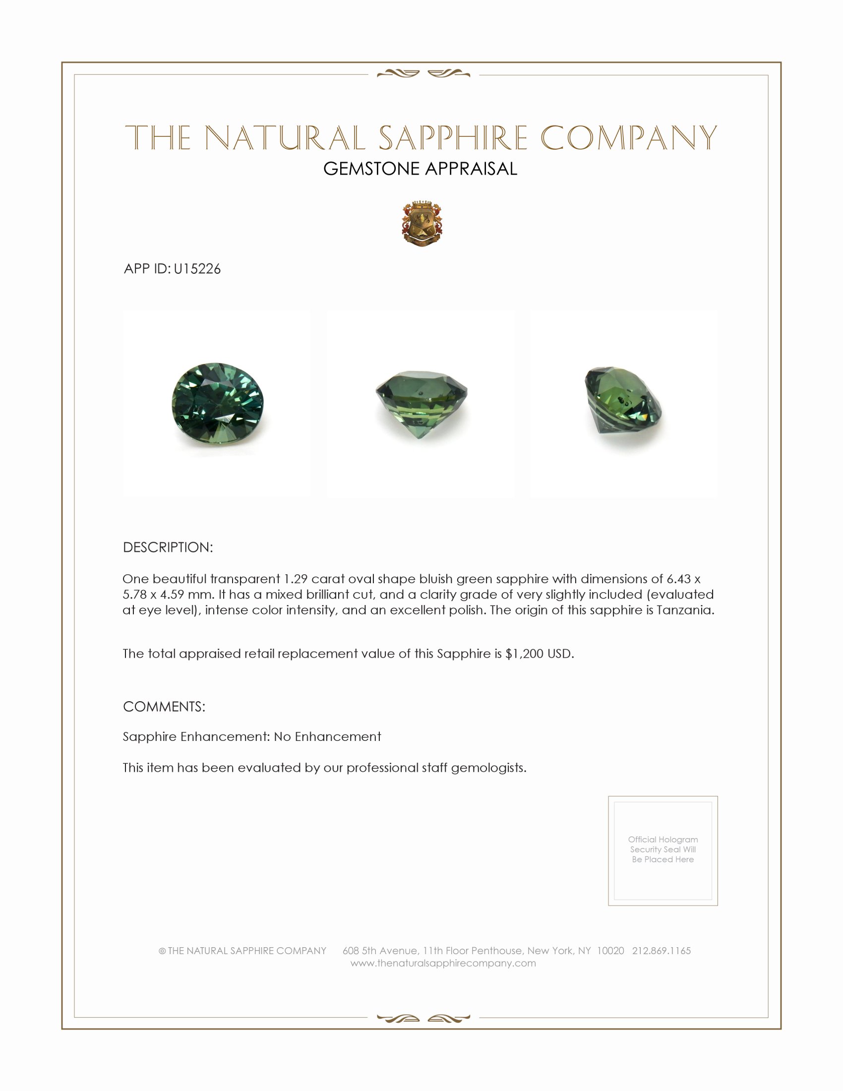 1.29 Ct. Bluish Green Sapphire from Tanzania