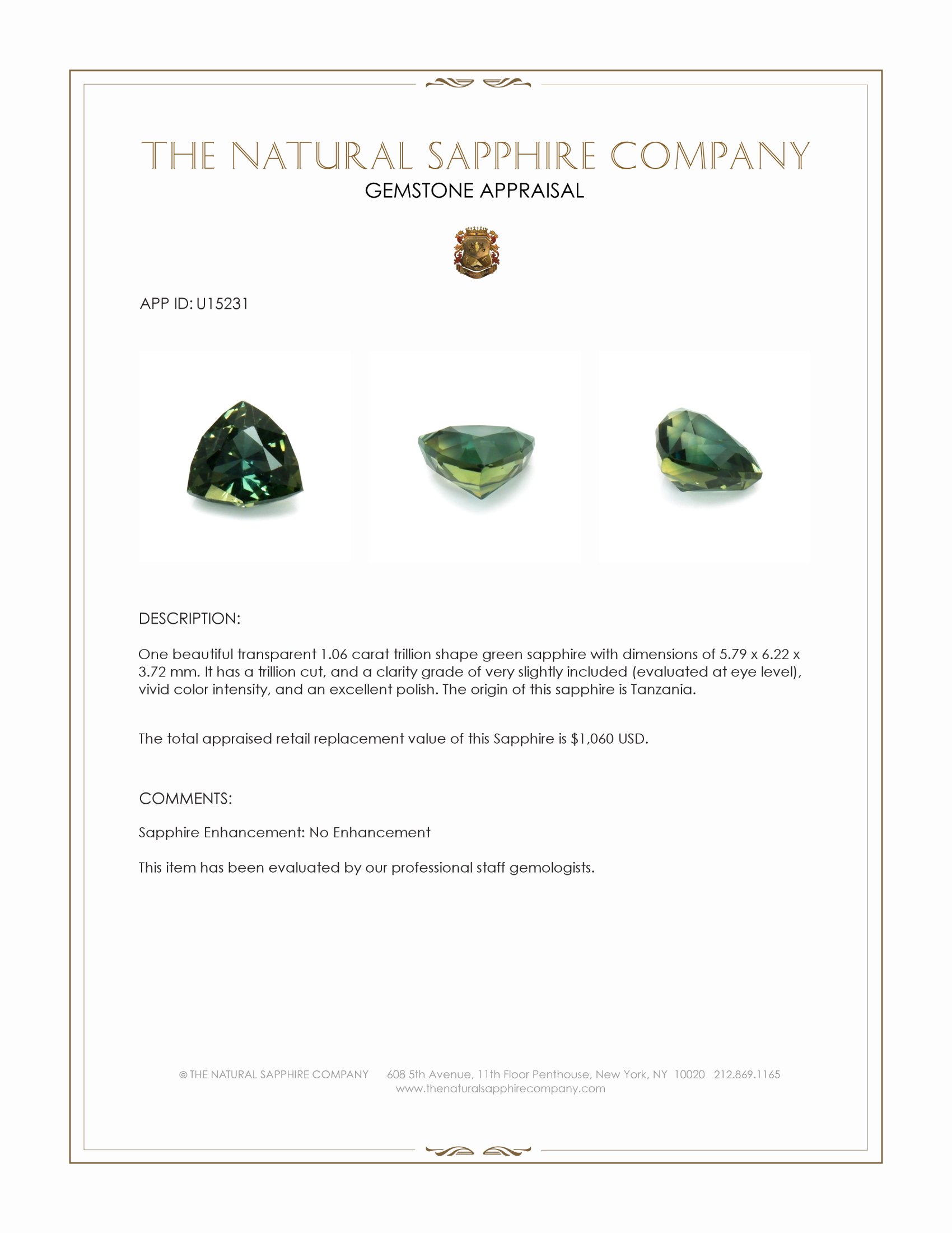 1.06 Ct. Green Sapphire from Tanzania