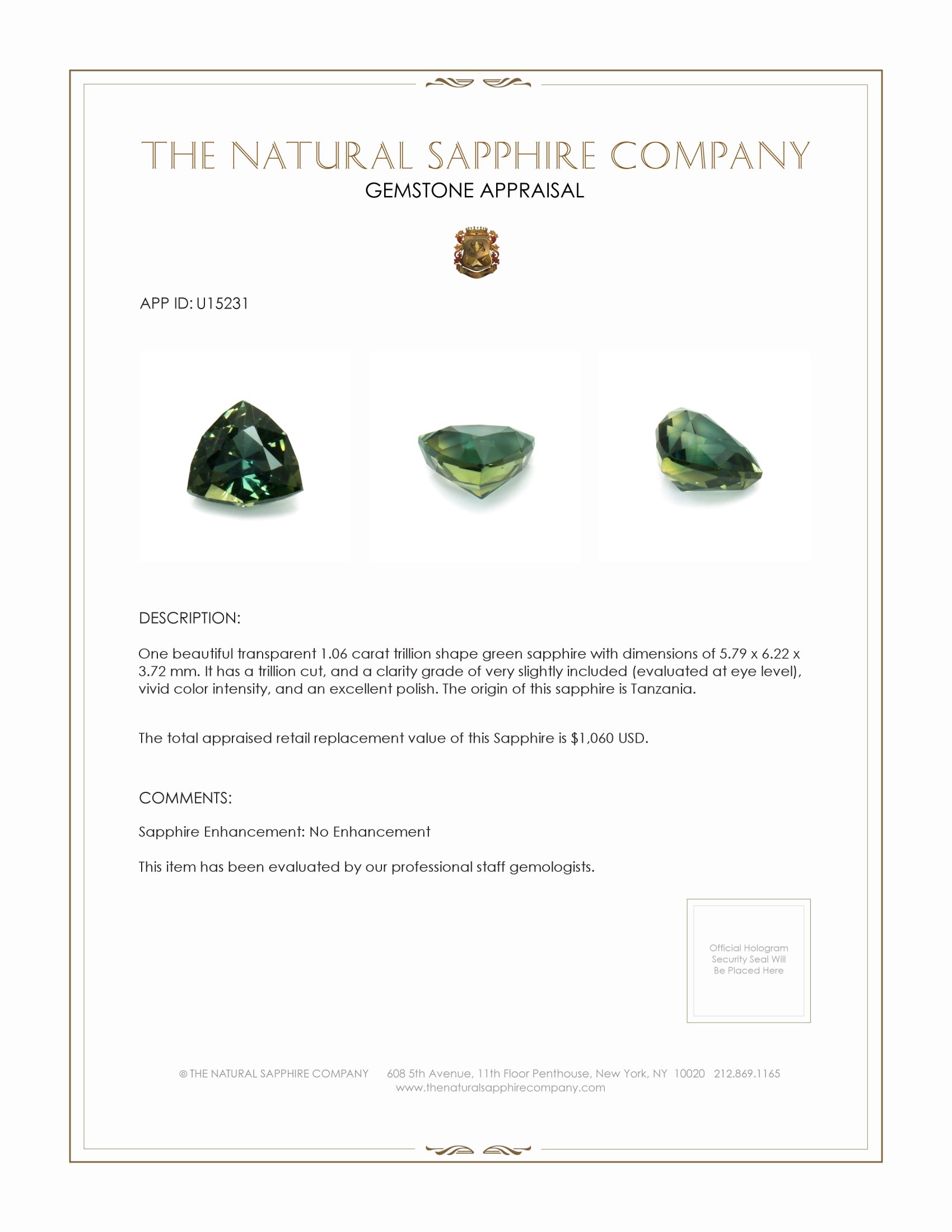 1.06 Ct. Green Sapphire from Tanzania