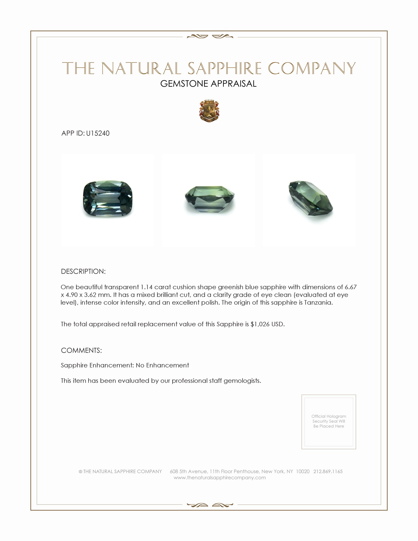 1.14 Ct. Greenish Blue Sapphire from Tanzania