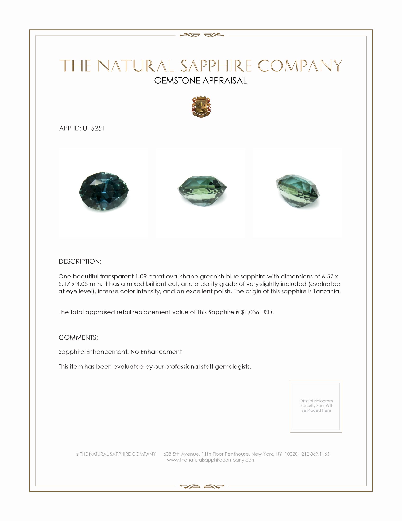 1.09 Ct. Greenish Blue Sapphire from Tanzania