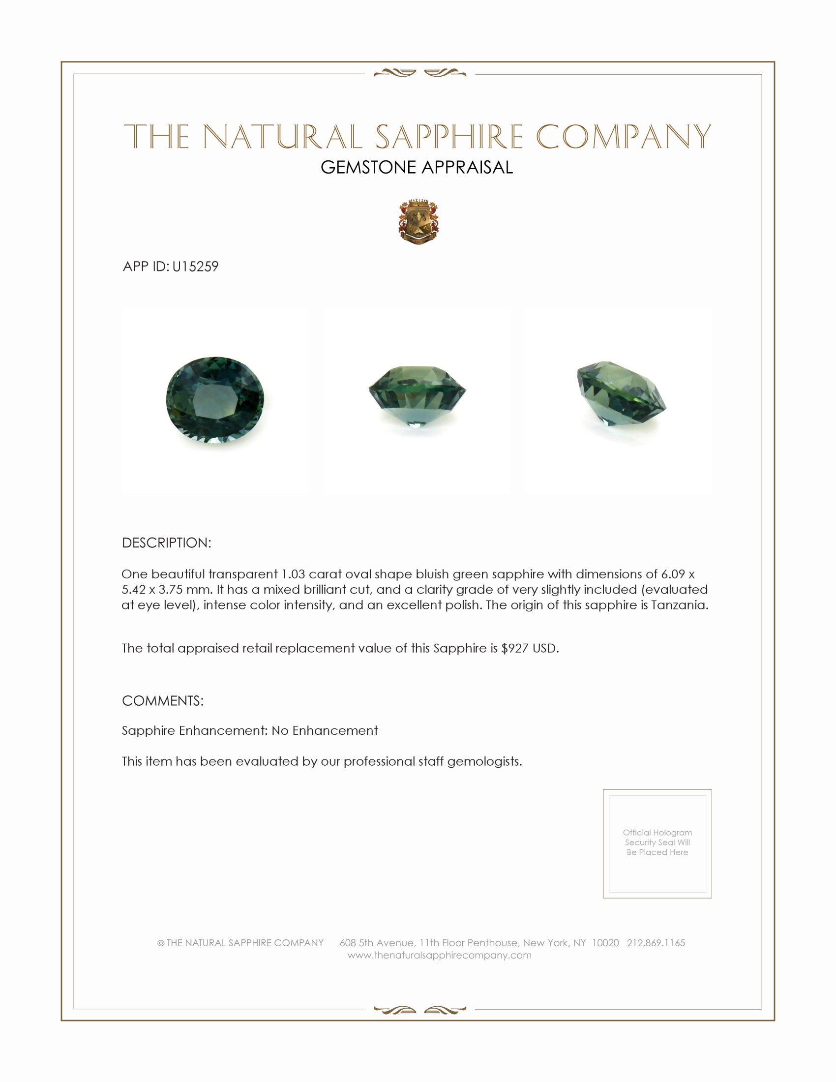 1.03 Ct. Bluish Green Sapphire from Tanzania