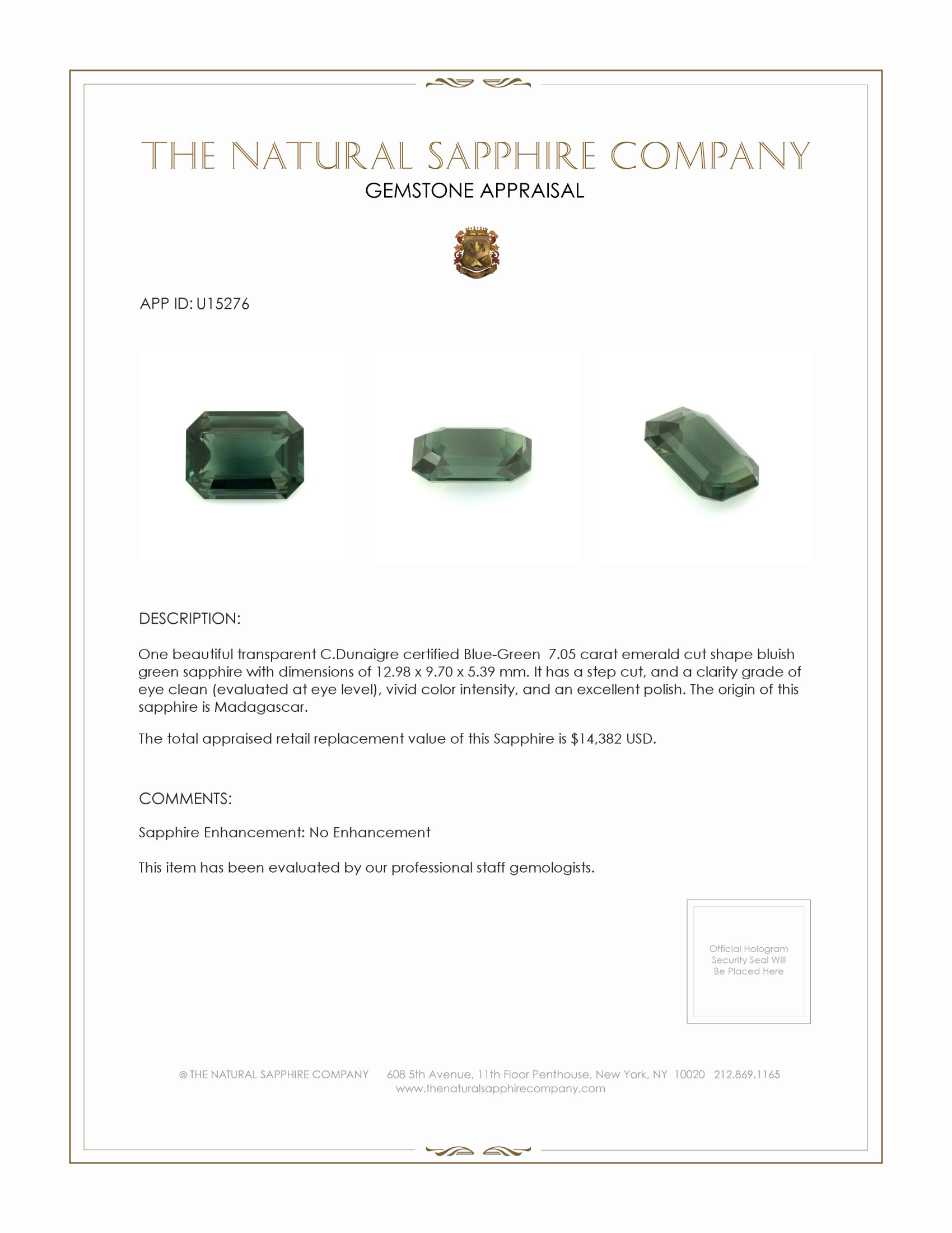 7.05 Ct. Bluish Green Sapphire from Madagascar