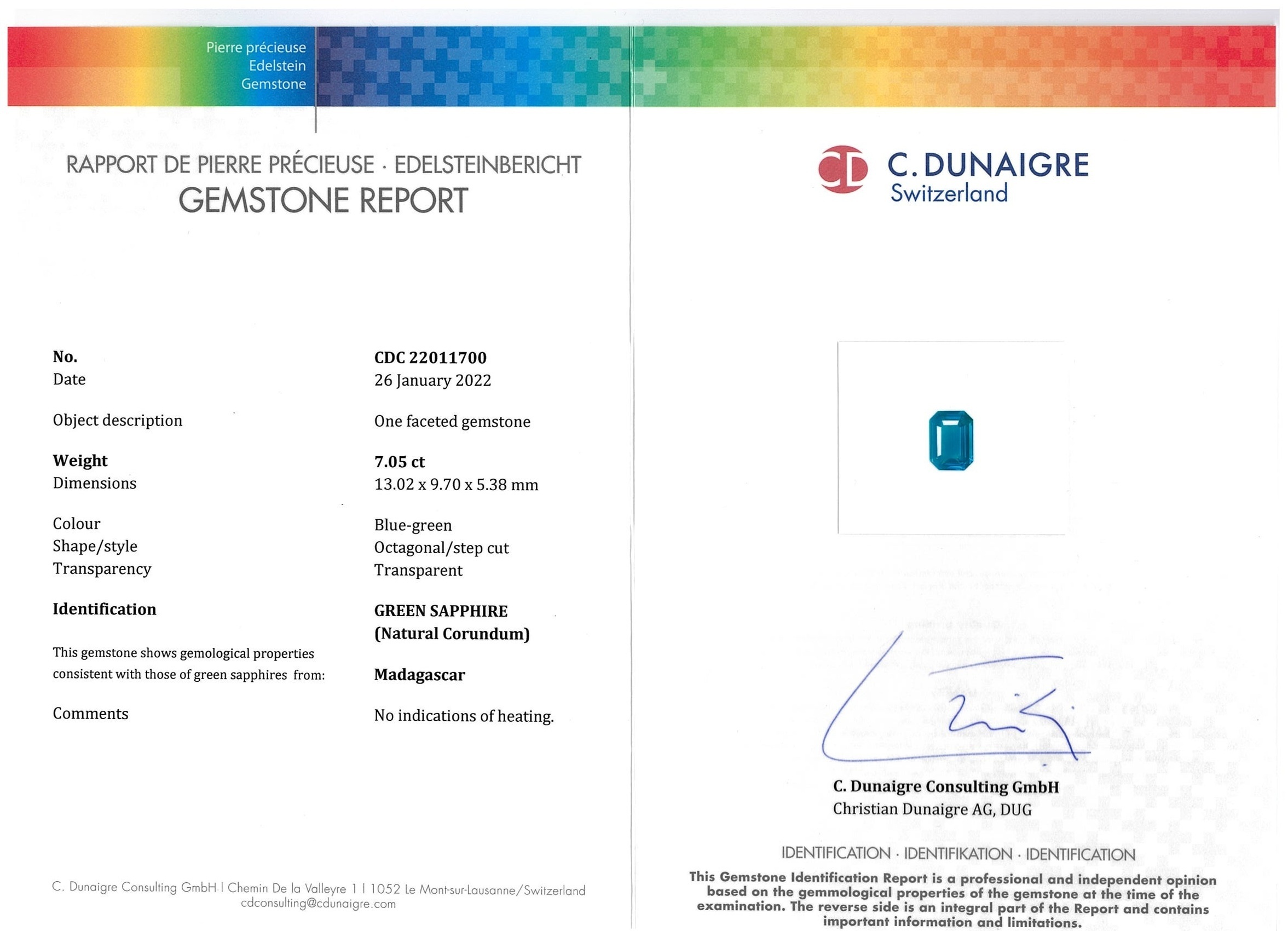 7.05 Ct. Bluish Green Sapphire from Madagascar