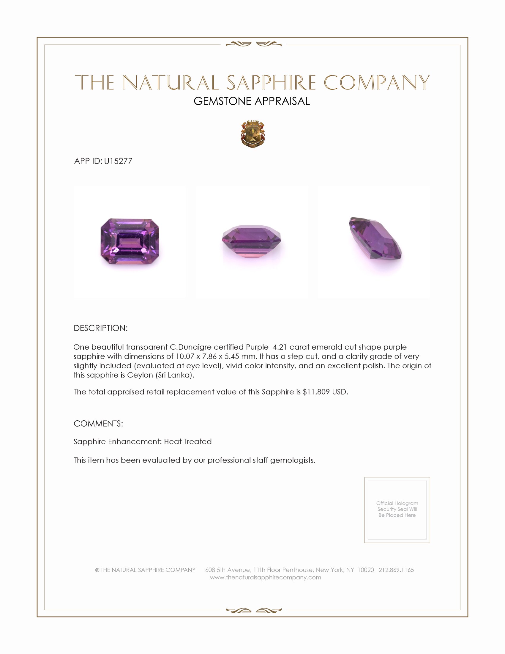 4.21 Ct. Purple Sapphire from Ceylon (Sri Lanka)