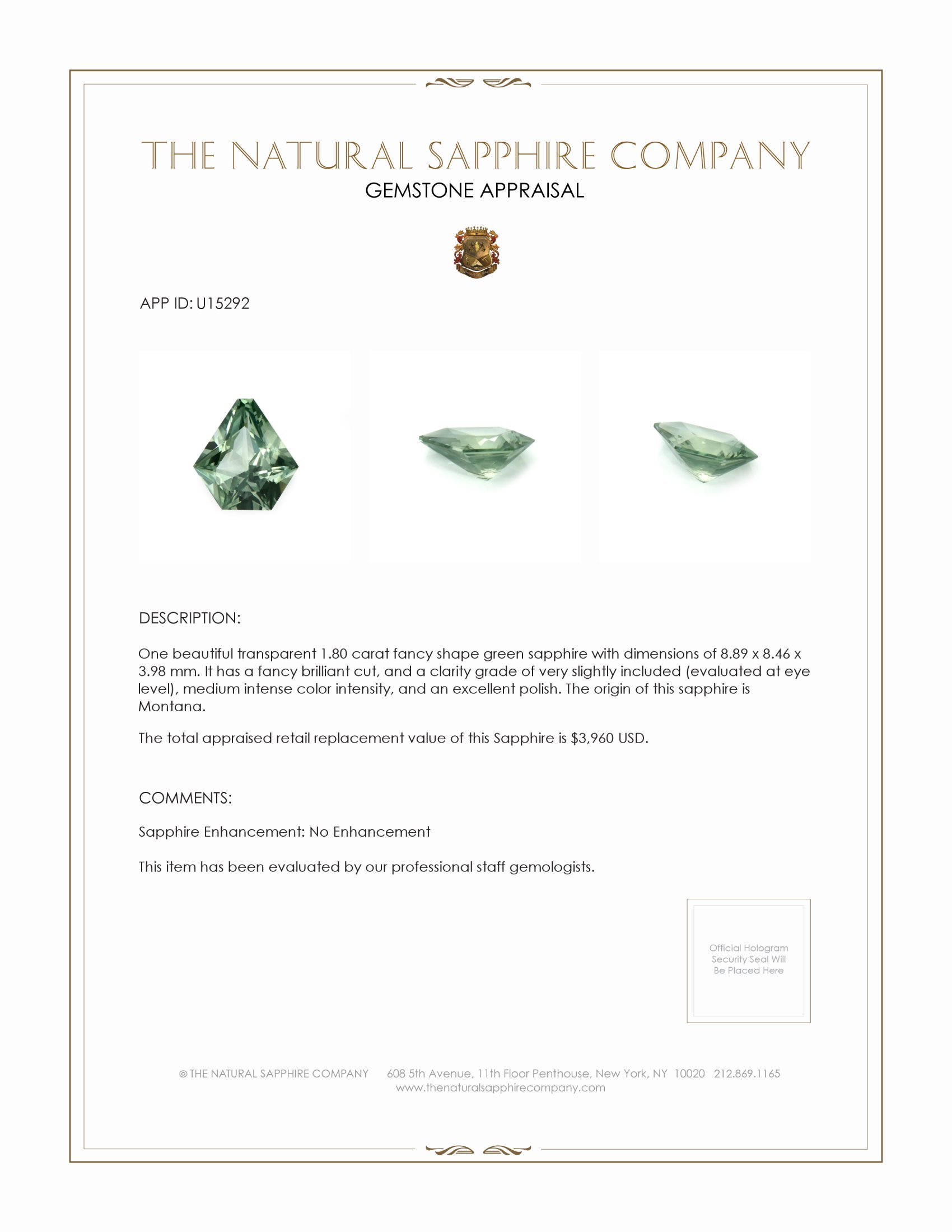 1.80 Ct. Green Sapphire from Montana