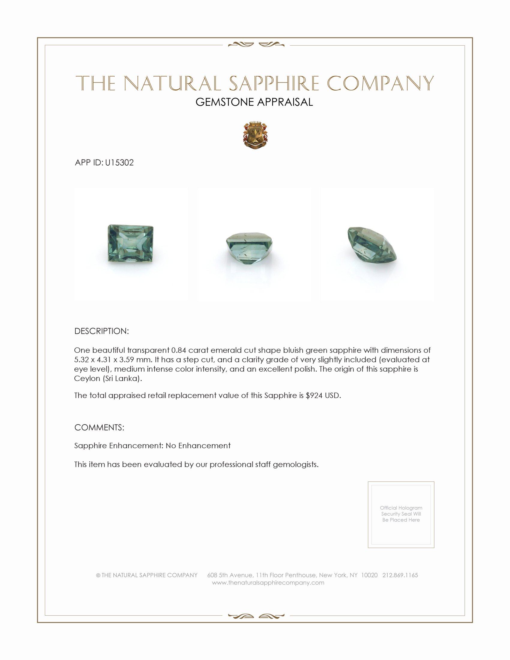 0.84 Ct. Bluish Green Sapphire from Ceylon (Sri Lanka)