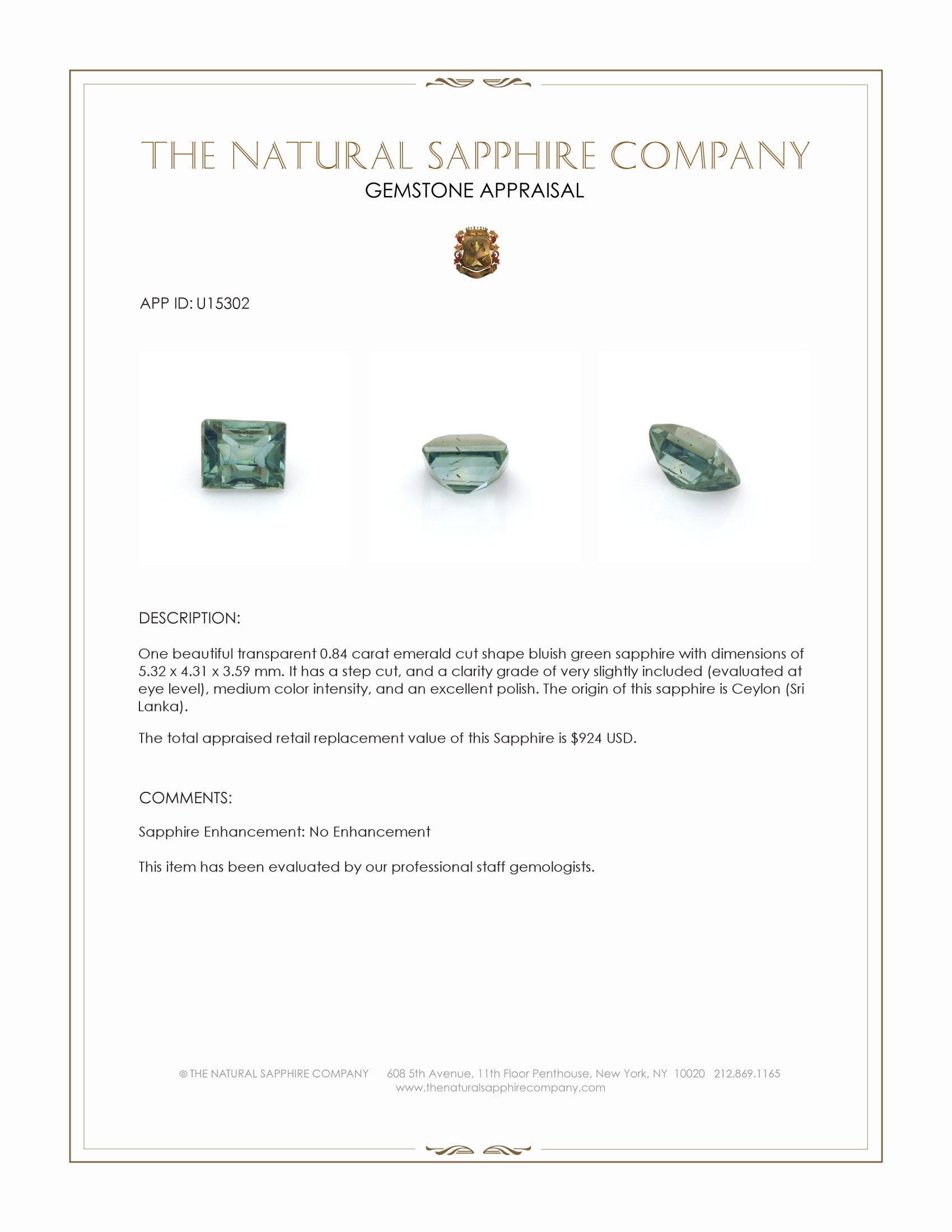 0.84 Ct. Bluish Green Sapphire from Ceylon (Sri Lanka)