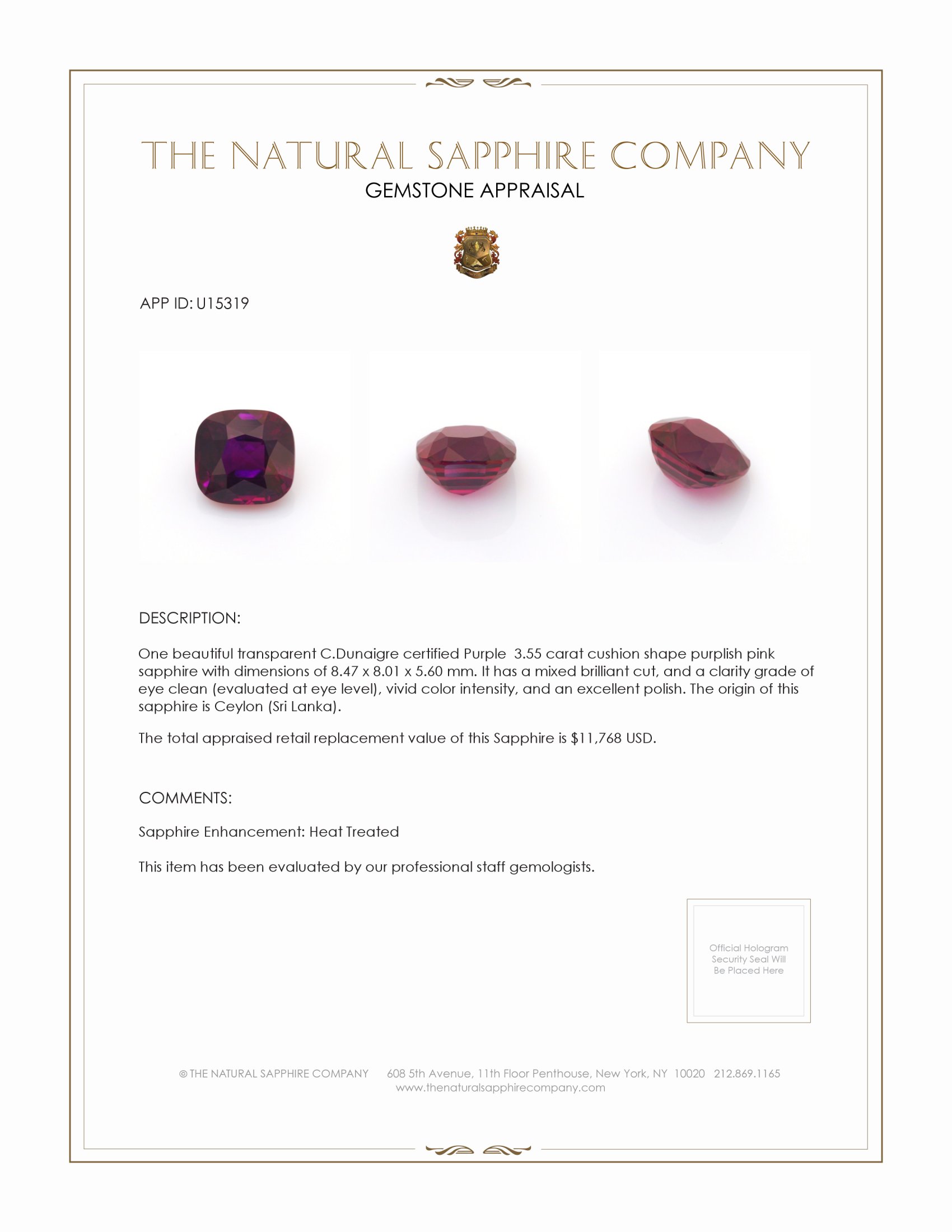 3.55 Ct. Purplish Pink Sapphire from Ceylon (Sri Lanka)