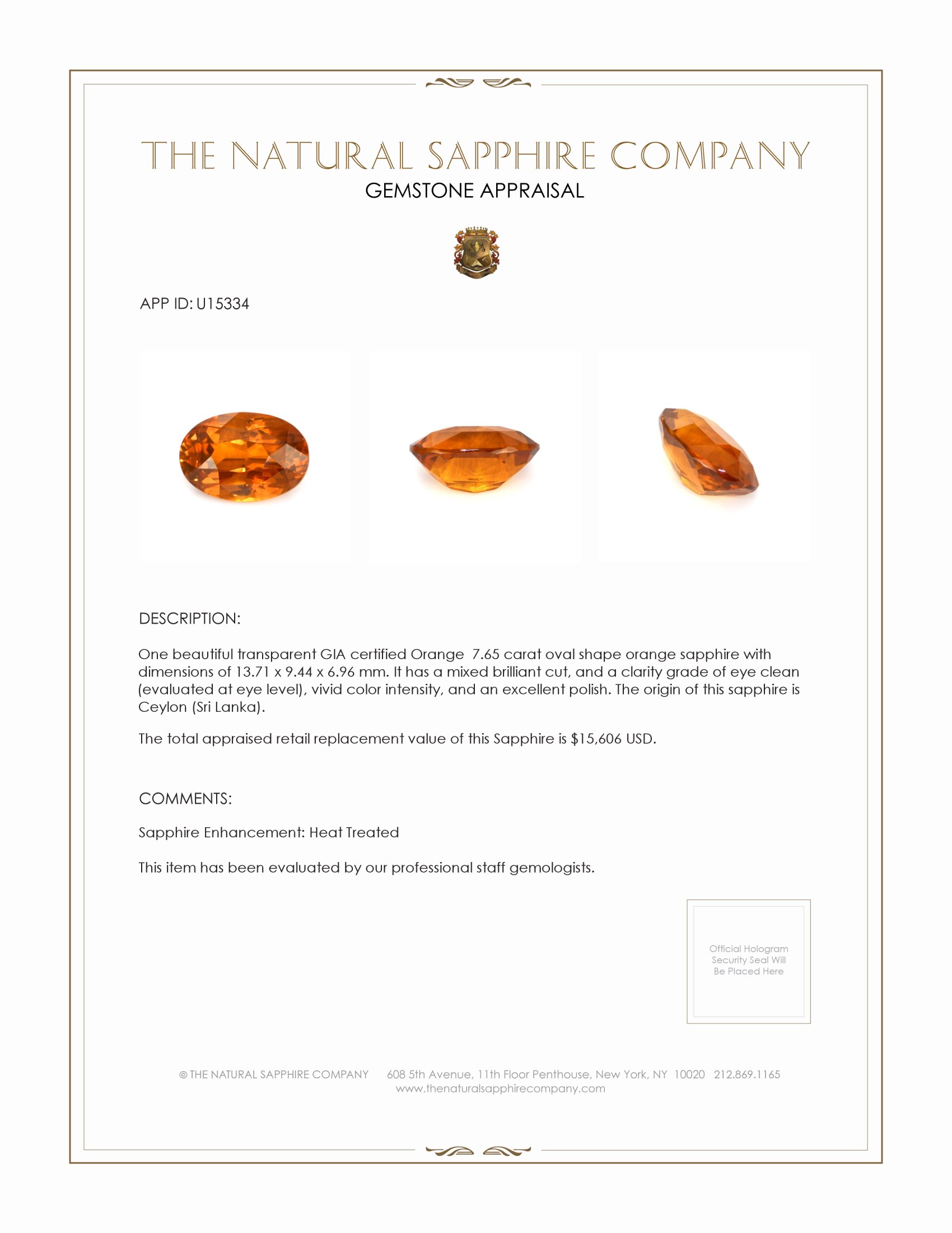 7.65 Ct. Orange Sapphire from Ceylon (Sri Lanka)