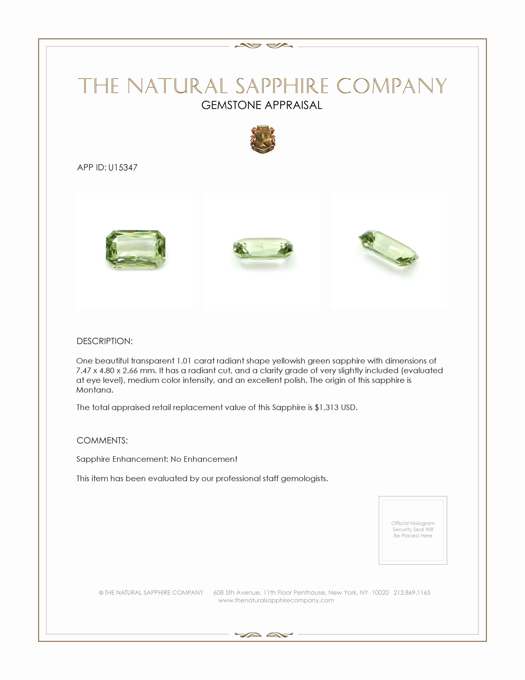 1.01 Ct. Yellowish Green Sapphire from Montana
