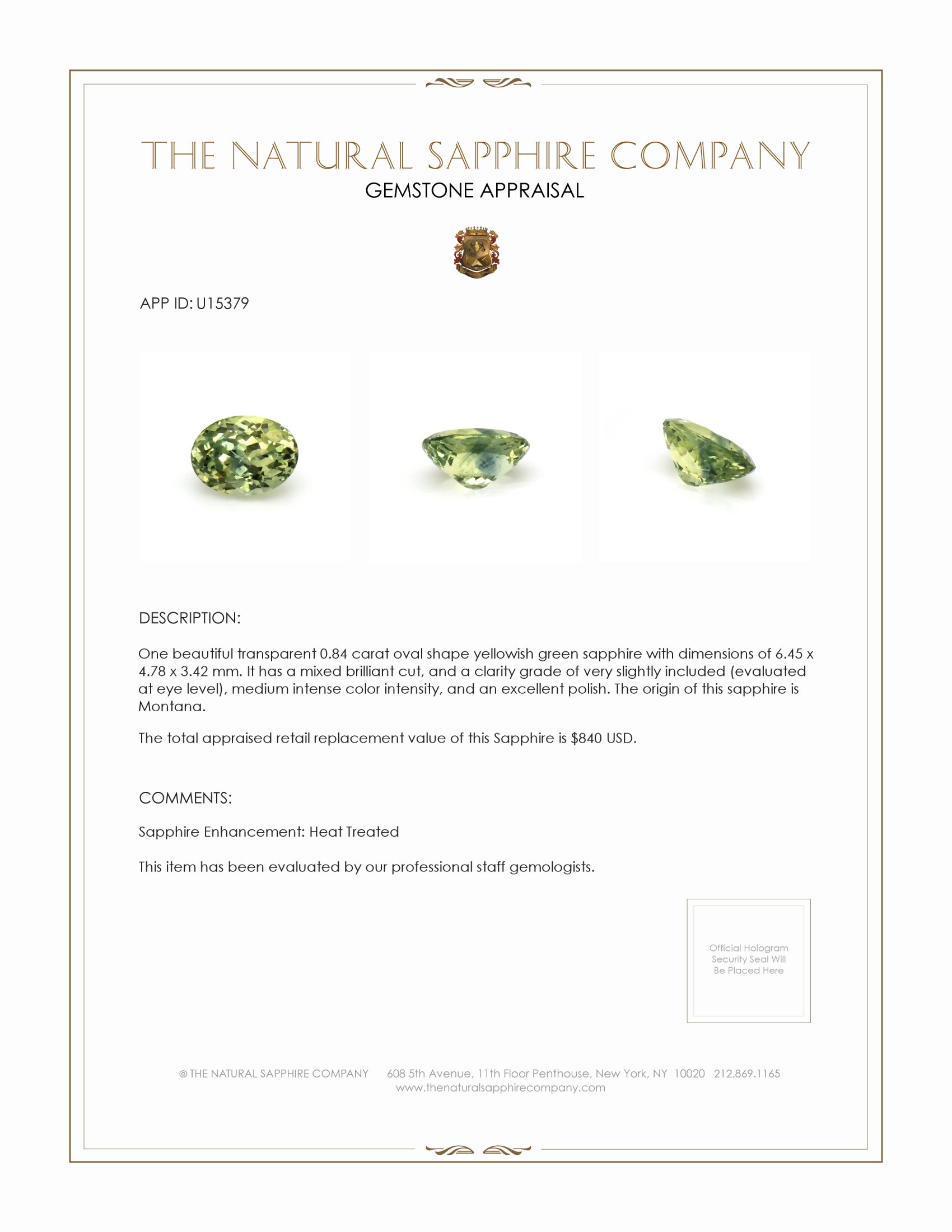 0.84 Ct. Yellowish Green Sapphire from Montana