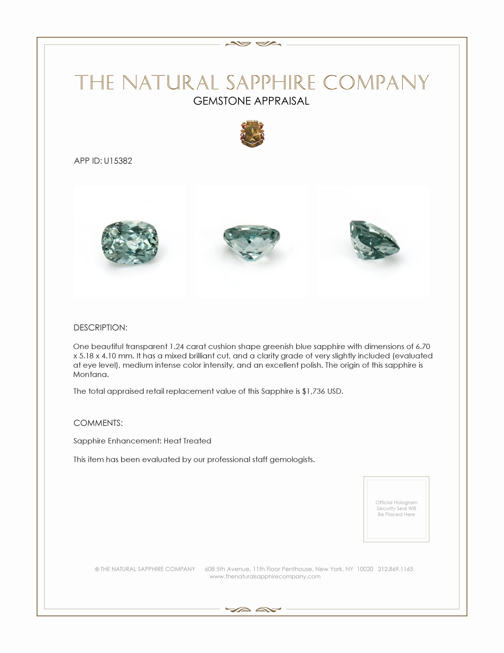 1.24 Ct. Greenish Blue Sapphire from Montana