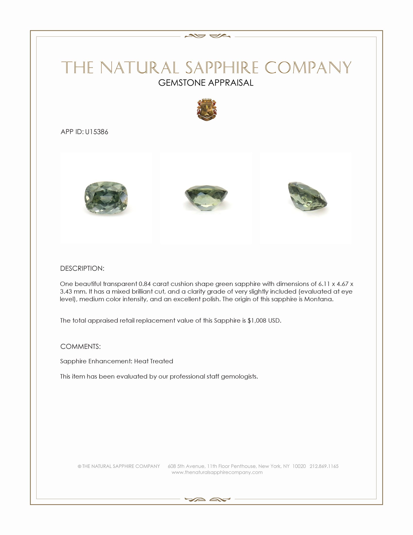 0.84 Ct. Green Sapphire from Montana