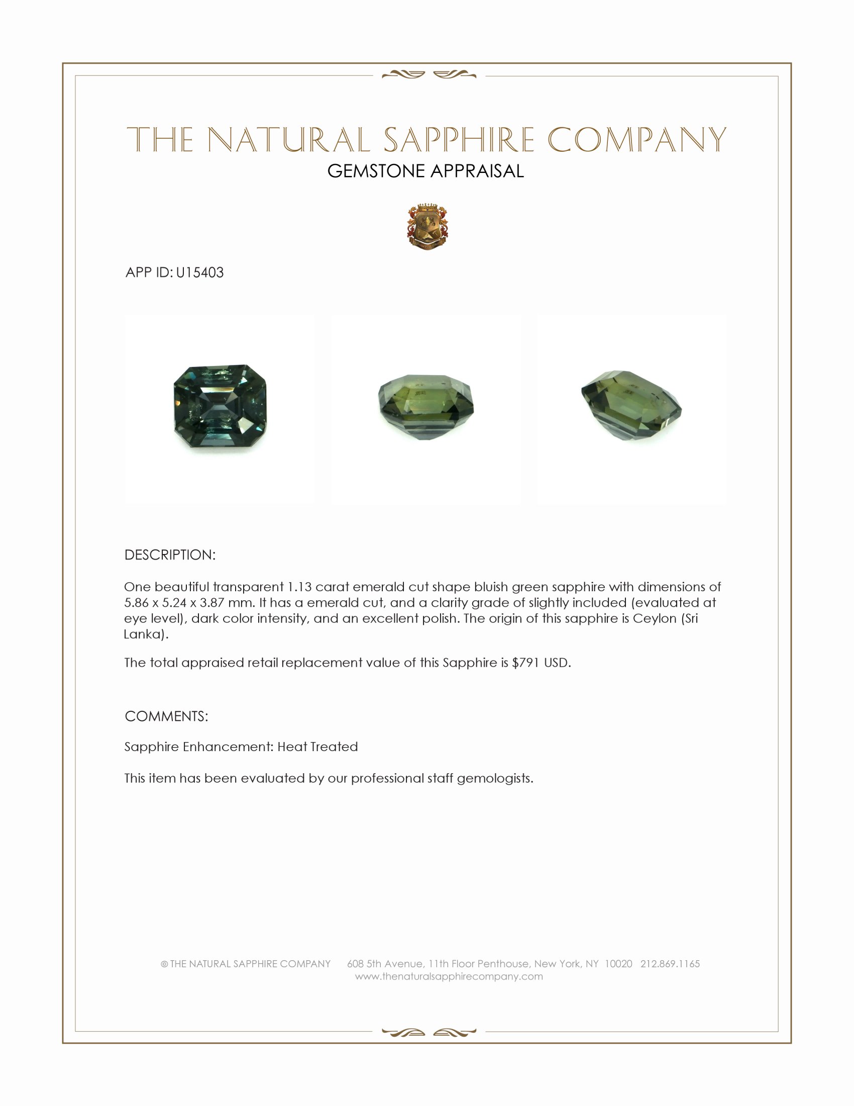 1.13 Ct. Bluish Green Sapphire from Ceylon (Sri Lanka)