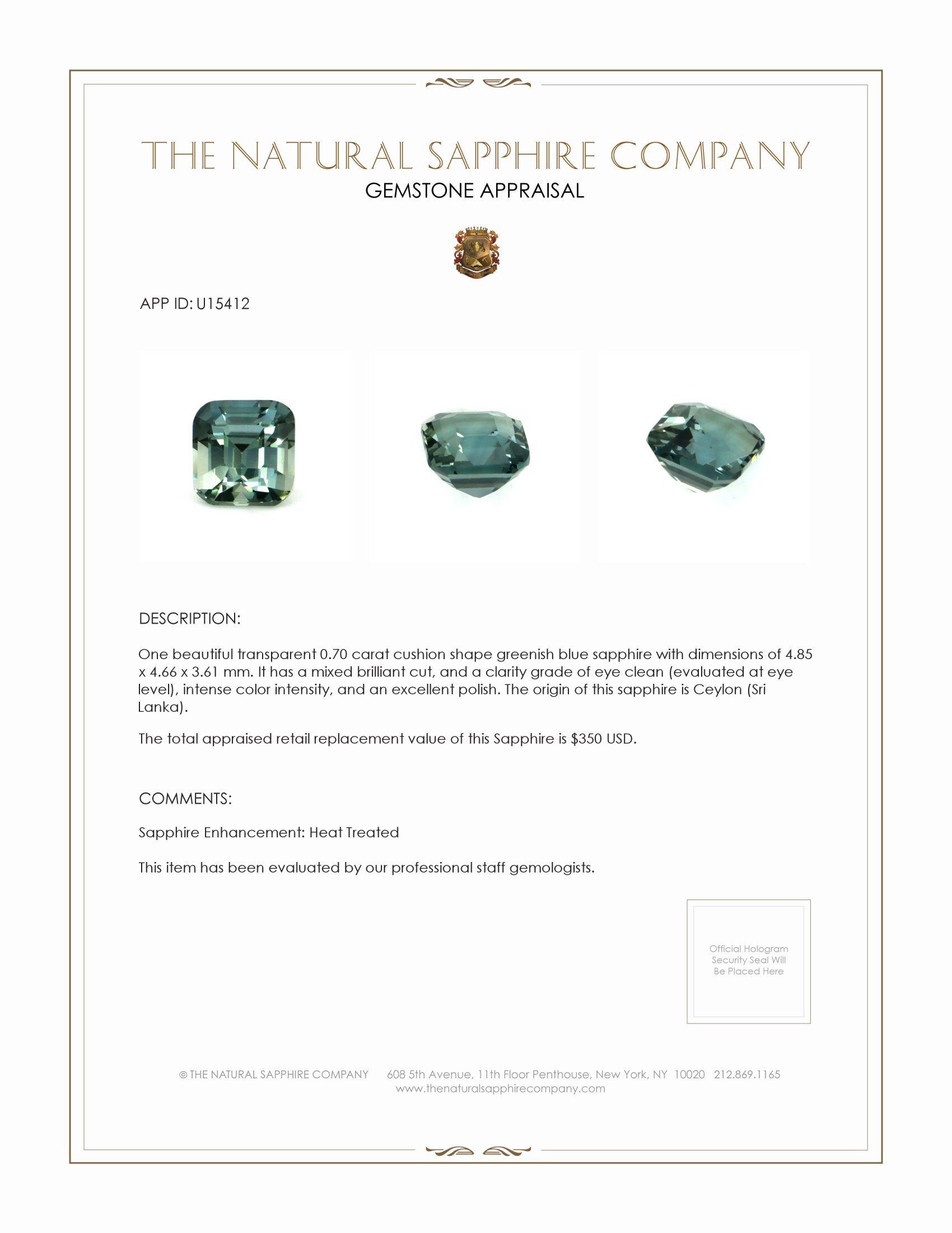 0.70 Ct. Greenish Blue Sapphire from Ceylon (Sri Lanka)