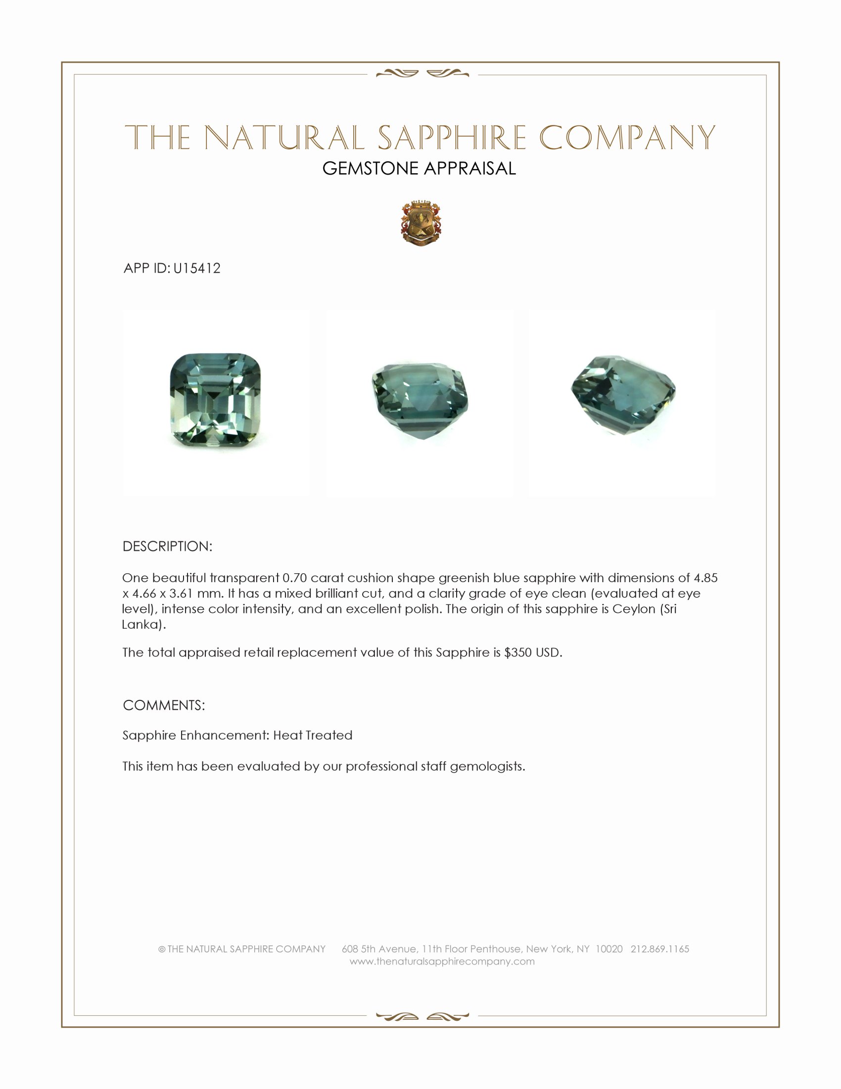 0.70 Ct. Greenish Blue Sapphire from Ceylon (Sri Lanka)