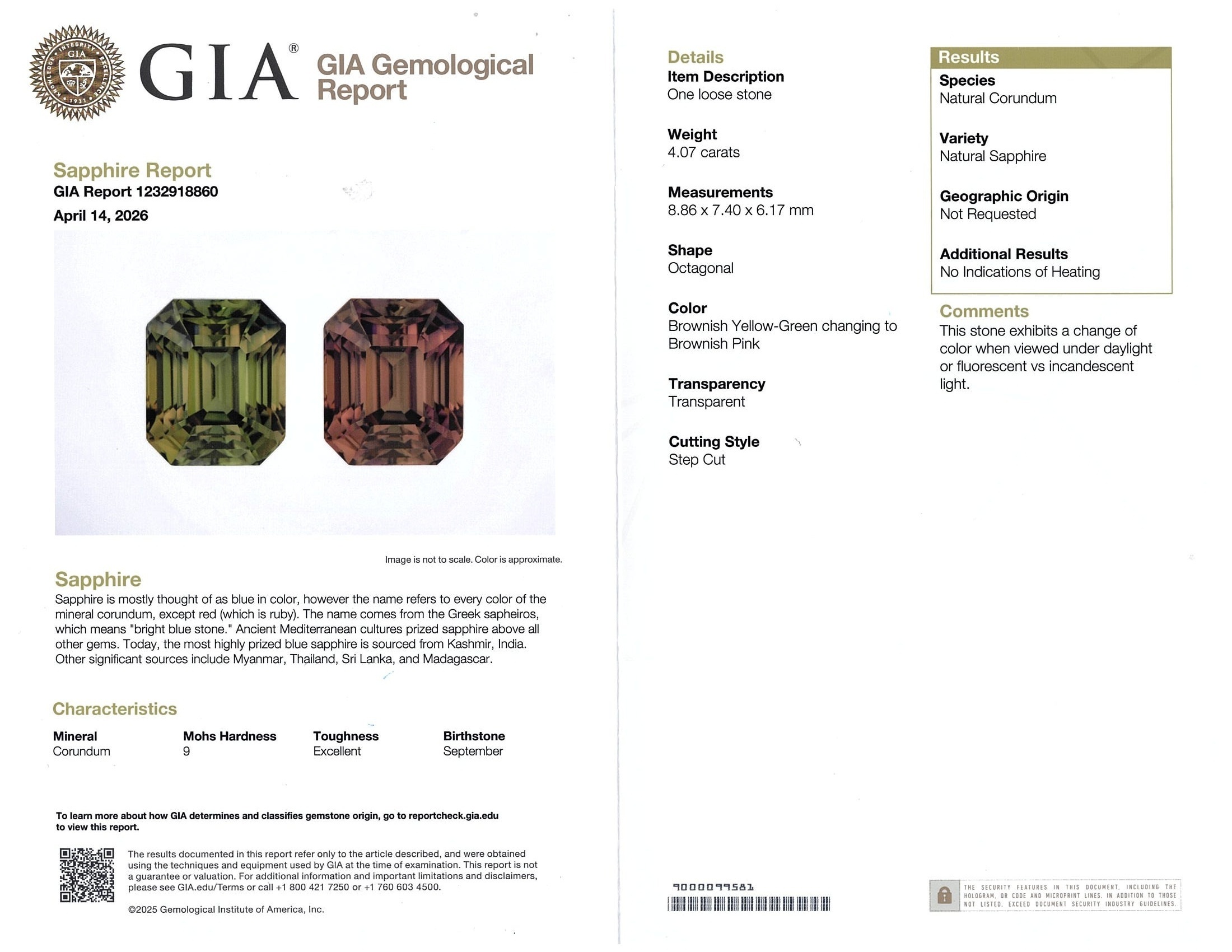 4.07 Ct. Greenish Brown Sapphire from Ceylon (Sri Lanka)