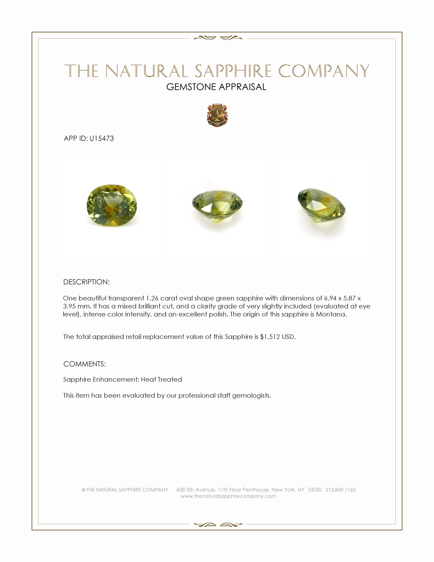 1.26 Ct. Green Sapphire from Montana