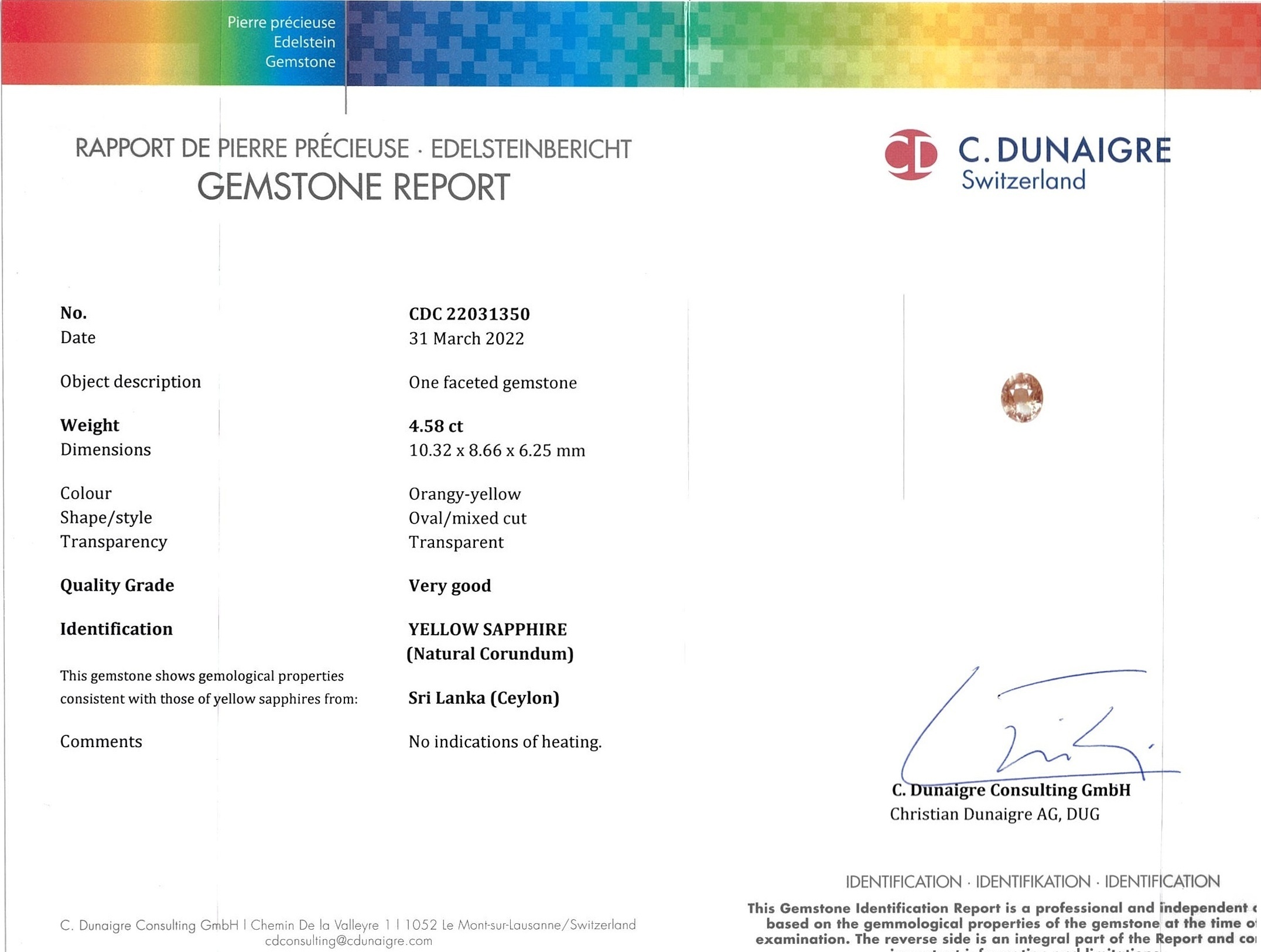 4.58 Ct. Peach Sapphire from Ceylon (Sri Lanka)