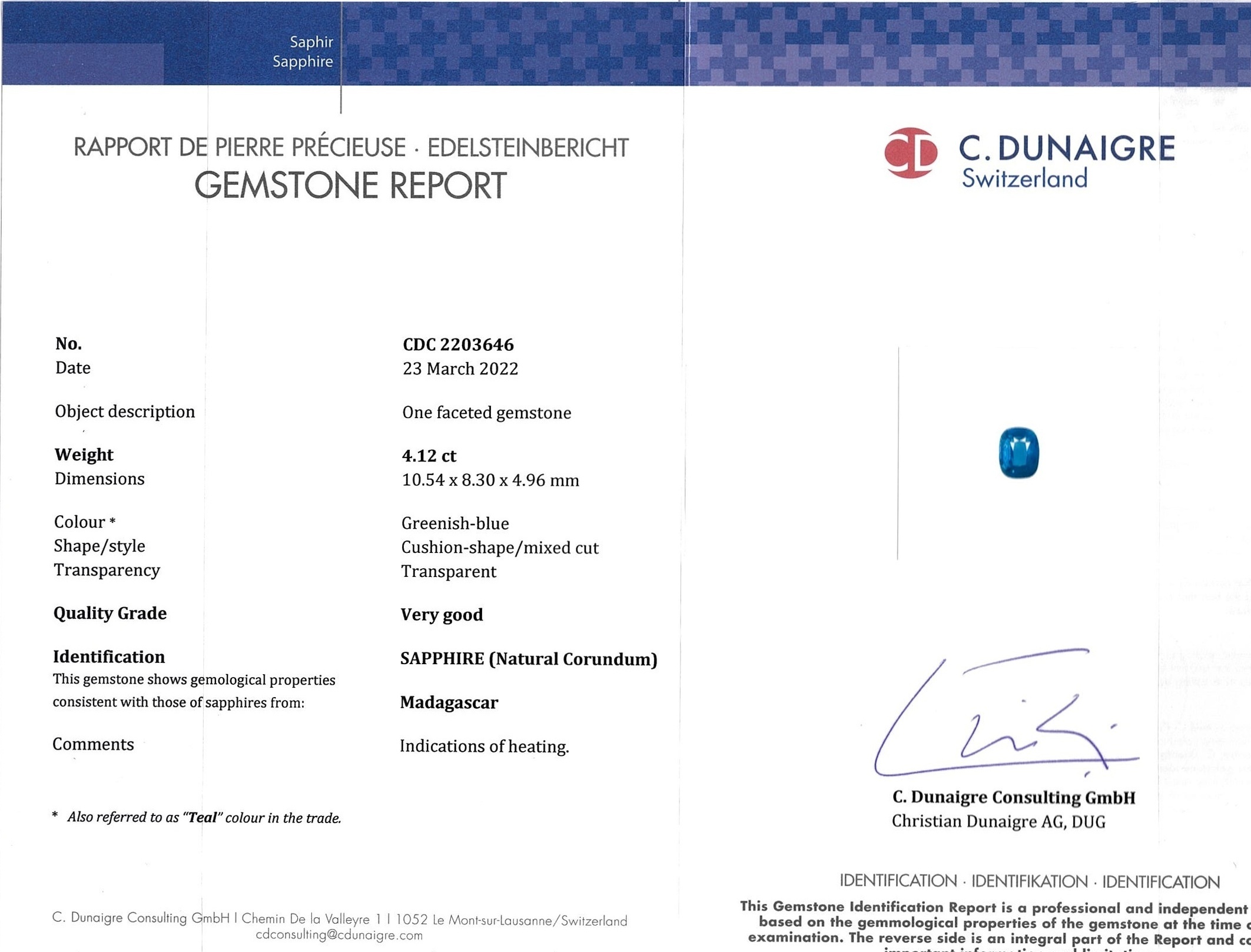 4.12 Ct. Bluish Green Sapphire from Ceylon (Sri Lanka)