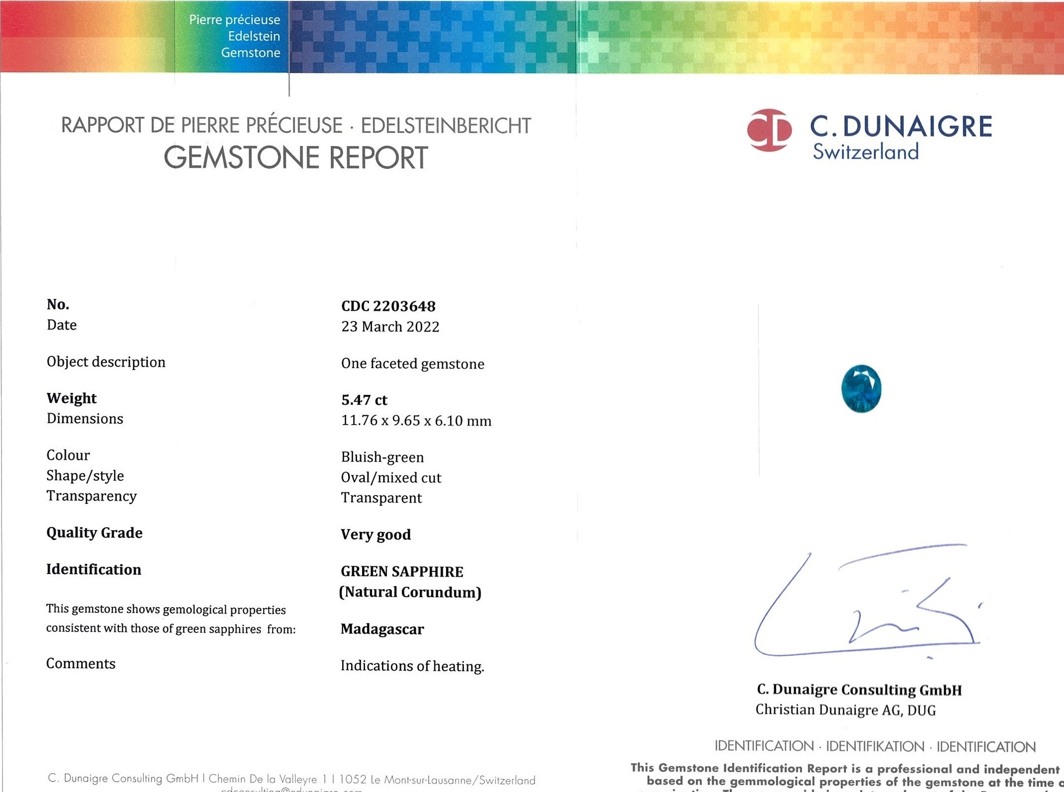 5.47 Ct. Bluish Green Sapphire from Madagascar