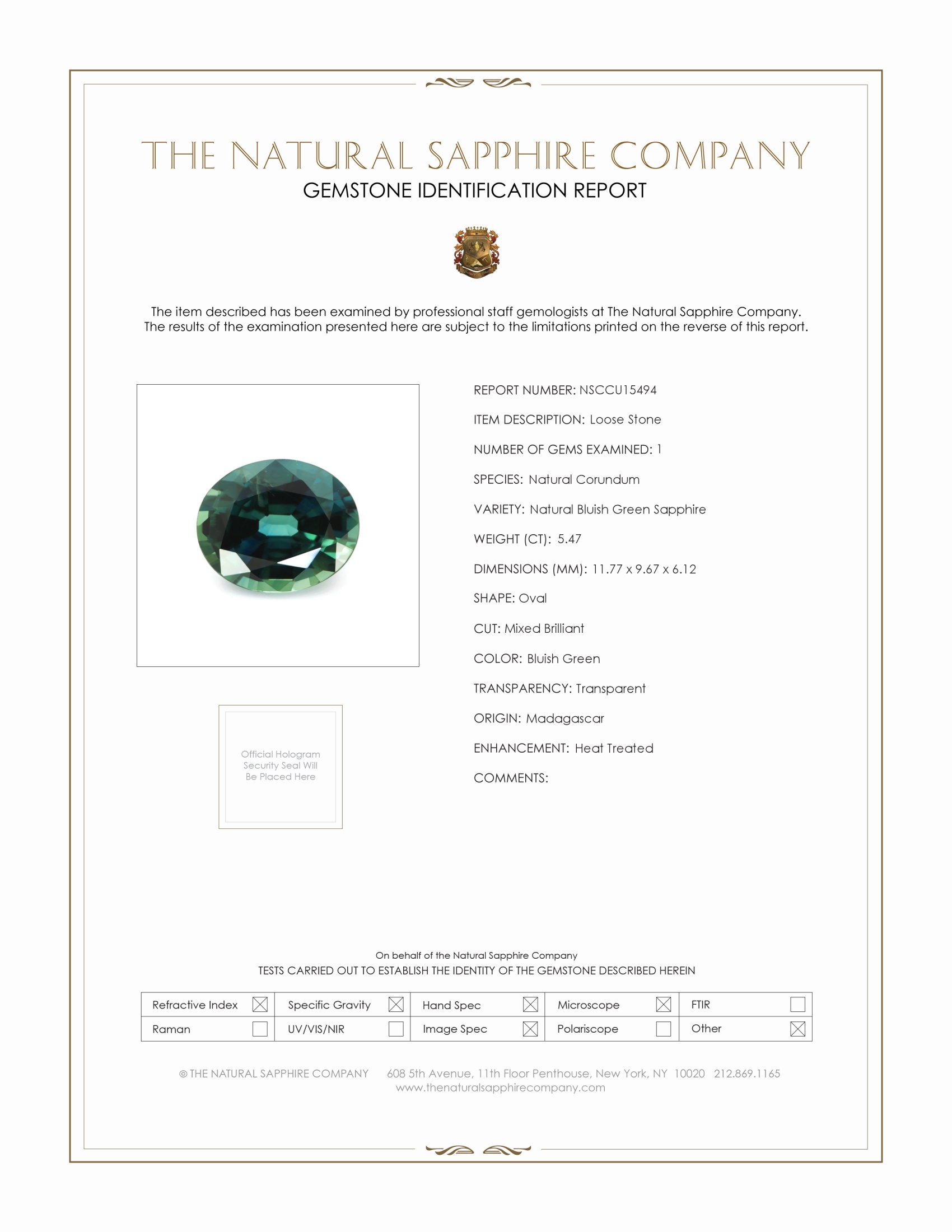 5.47 Ct. Bluish Green Sapphire from Madagascar