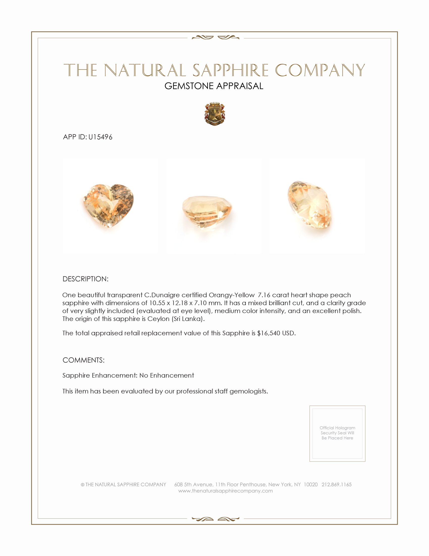 7.16 Ct. Peach Sapphire from Ceylon (Sri Lanka)