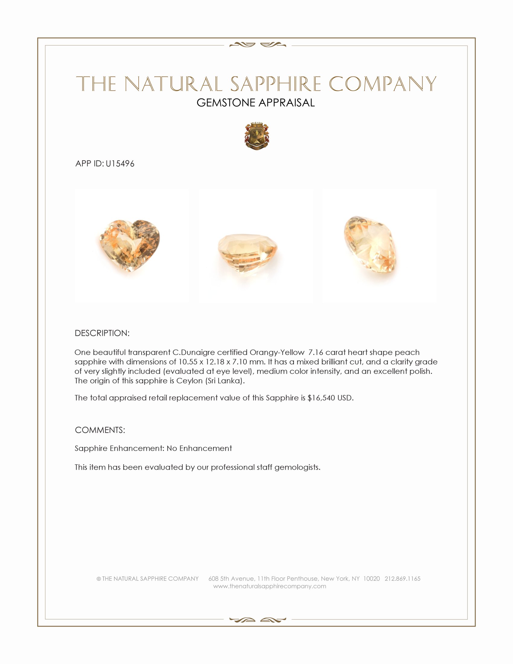 7.16 Ct. Peach Sapphire from Ceylon (Sri Lanka)