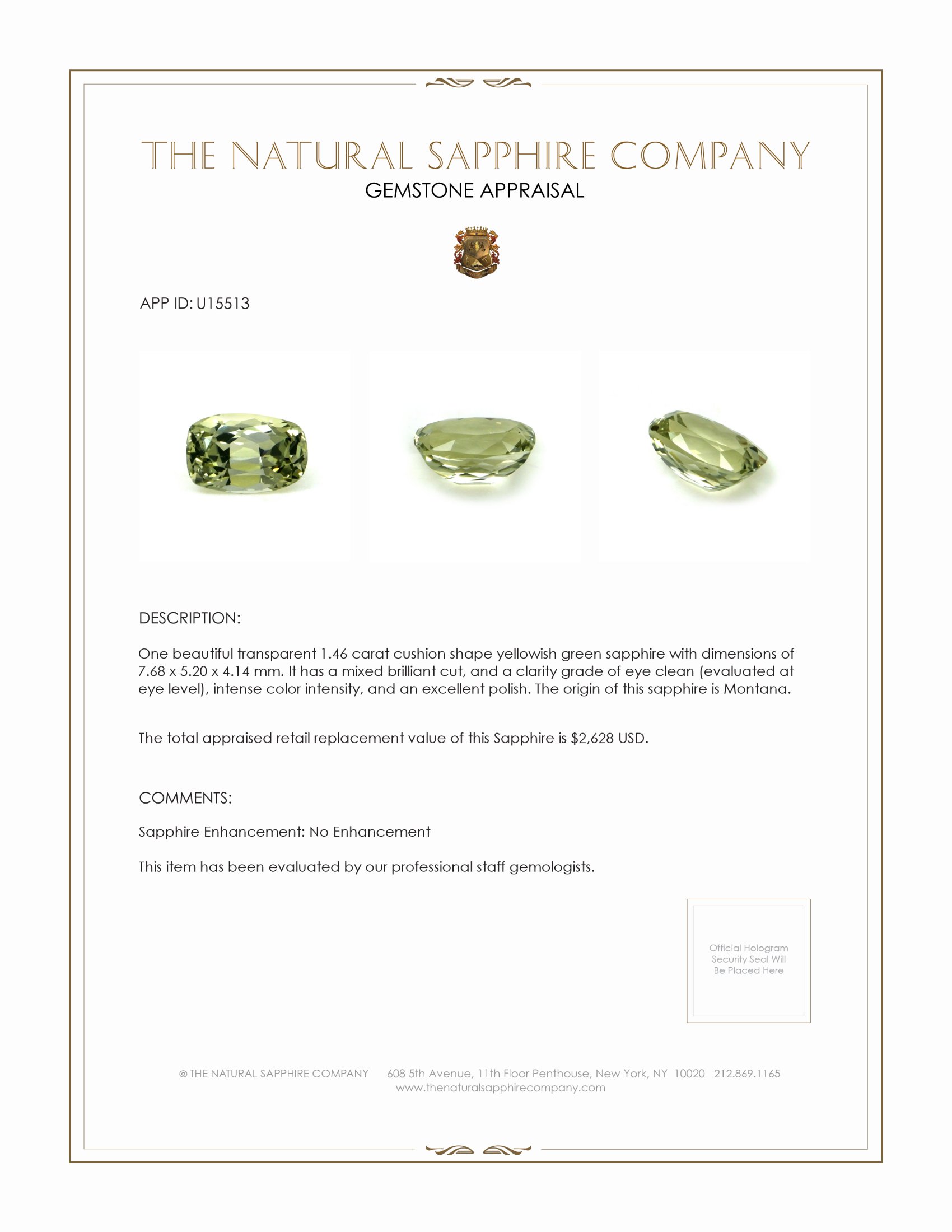 1.46 Ct. Yellowish Green Sapphire from Montana