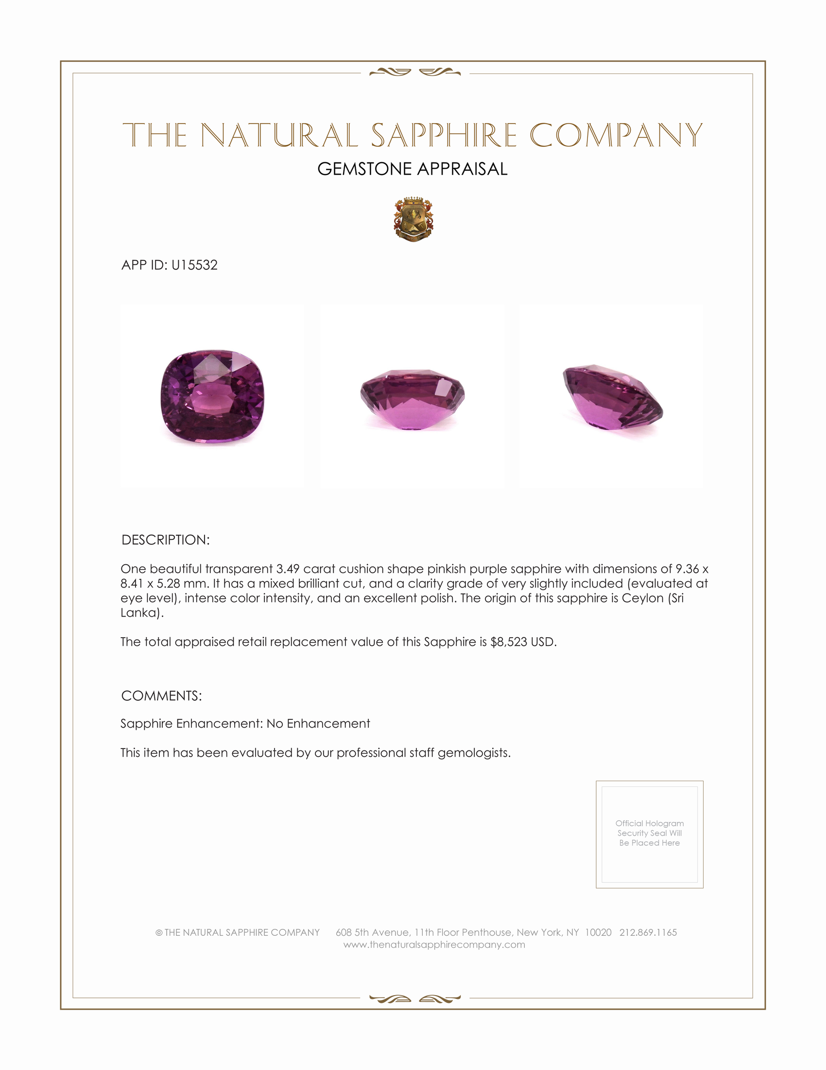 3.49 Ct. Pinkish Purple Sapphire from Ceylon (Sri Lanka)