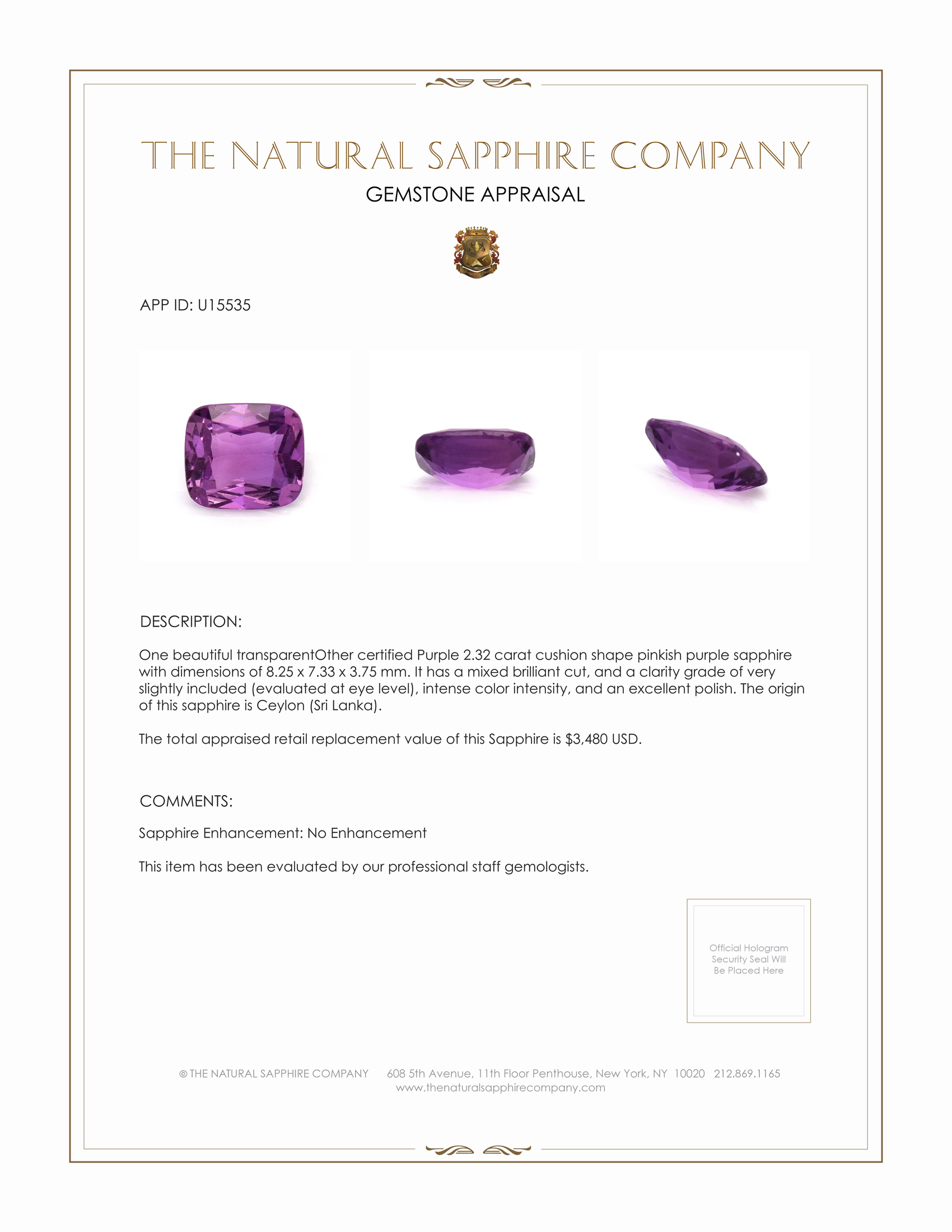 2.32 Ct. Pinkish Purple Sapphire from Ceylon (Sri Lanka)