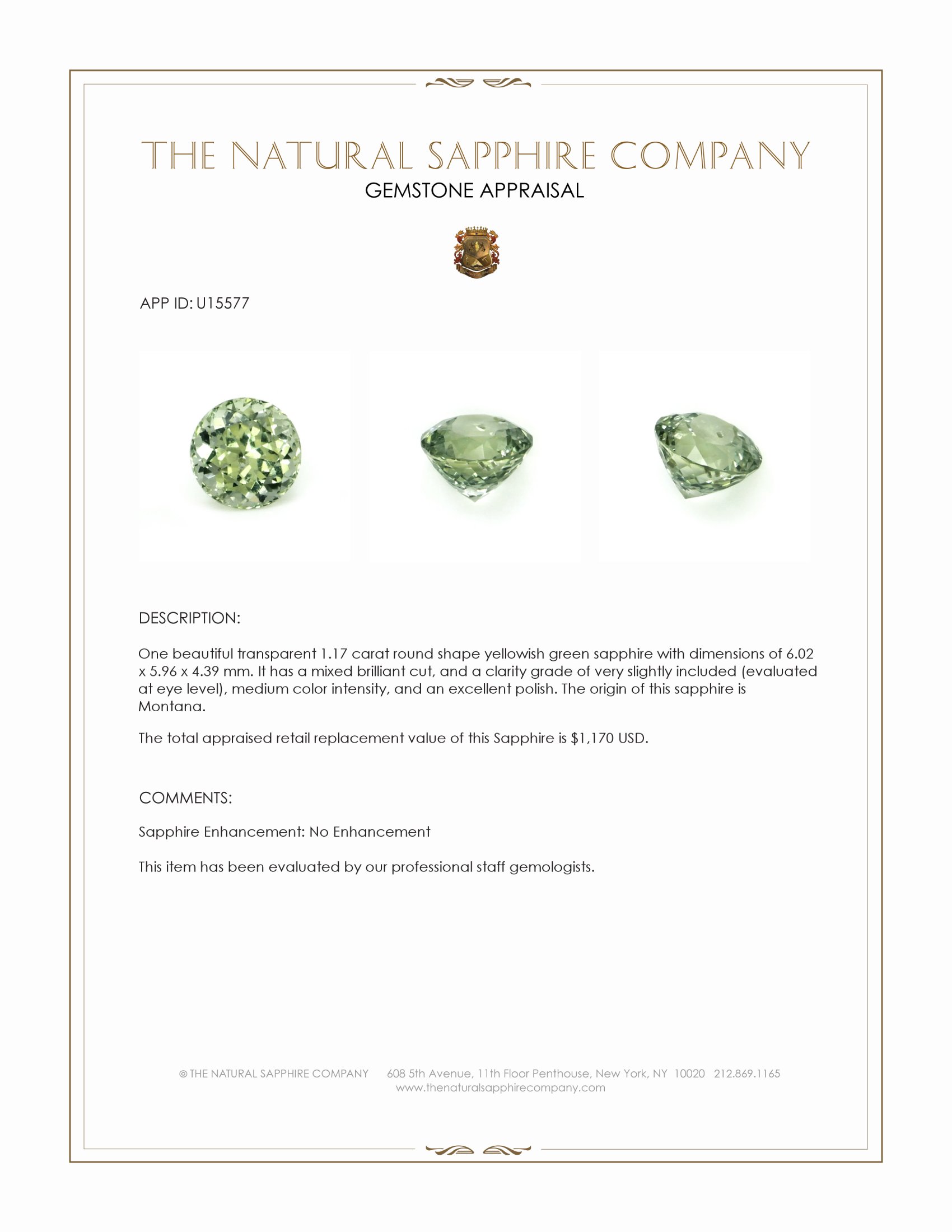 1.17 Ct. Yellowish Green Sapphire from Montana
