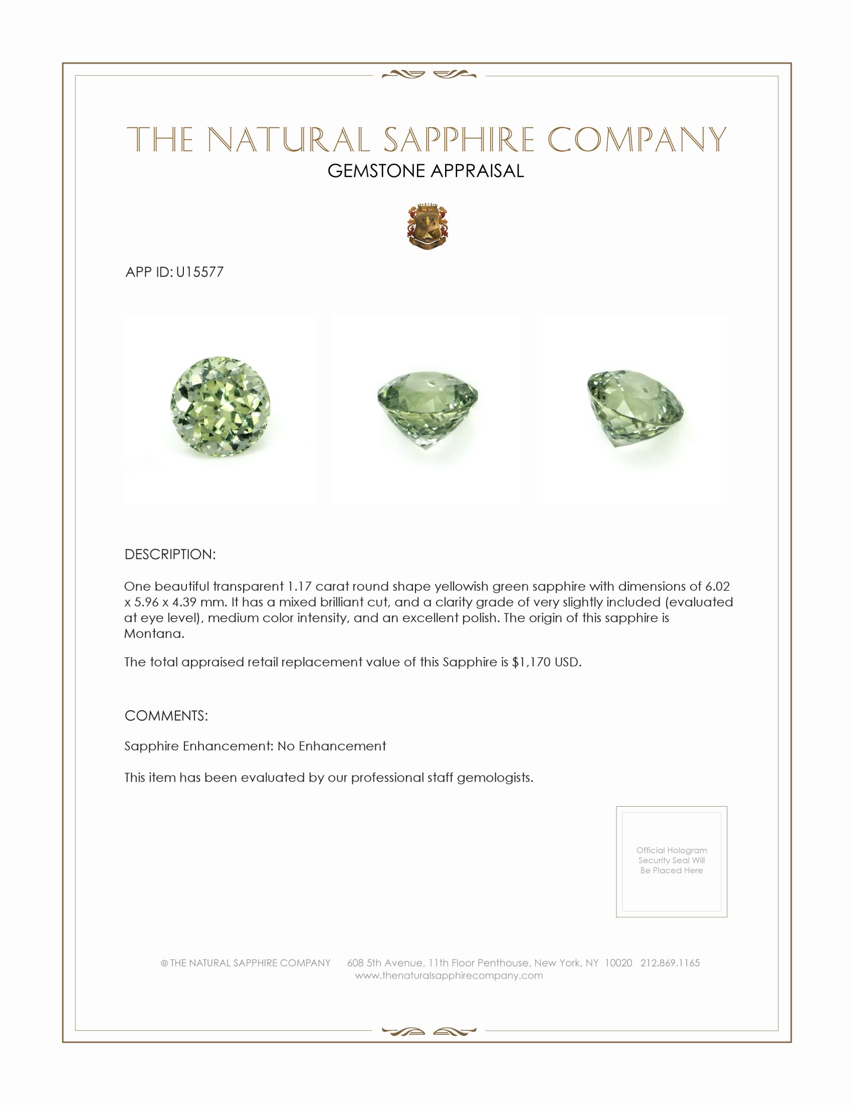 1.17 Ct. Yellowish Green Sapphire from Montana