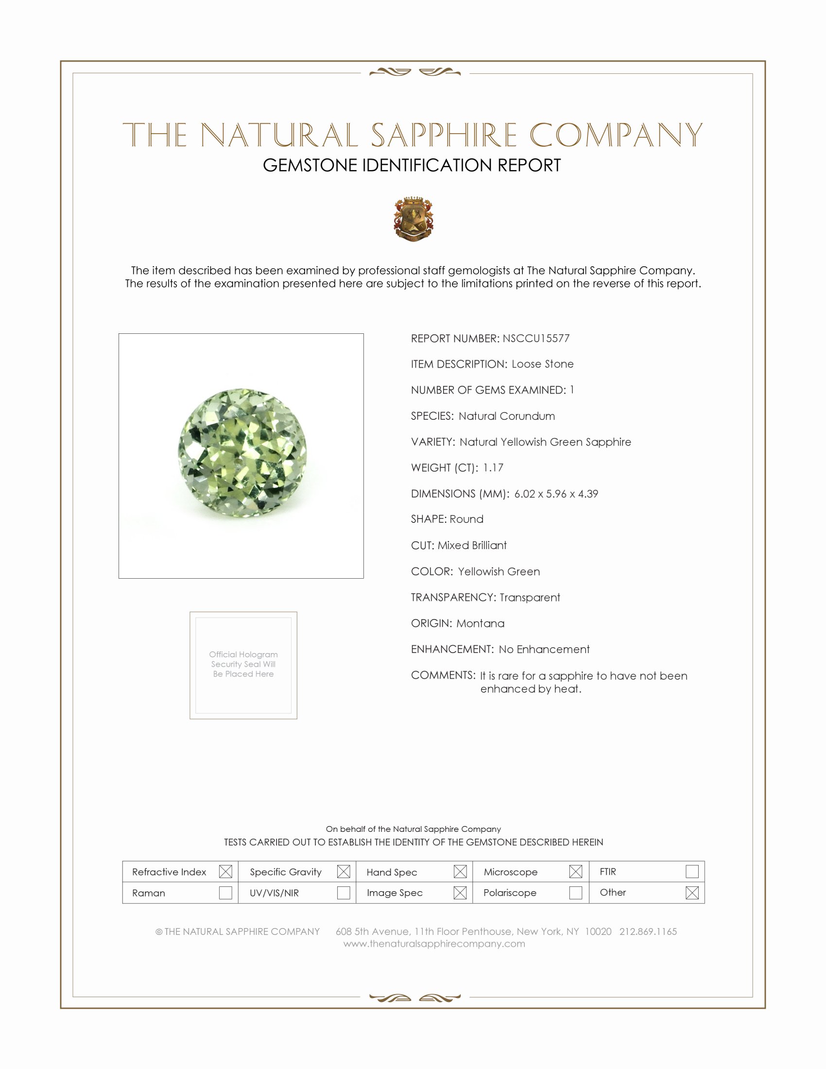 1.17 Ct. Yellowish Green Sapphire from Montana
