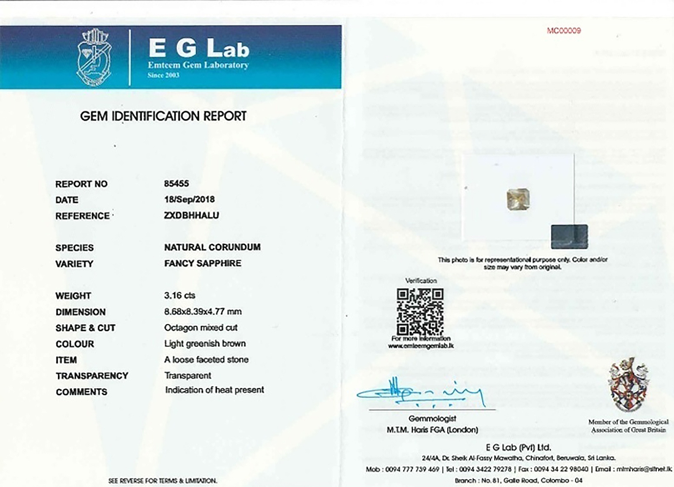 3.16 Ct. Greenish Yellow Sapphire from Ceylon (Sri Lanka)