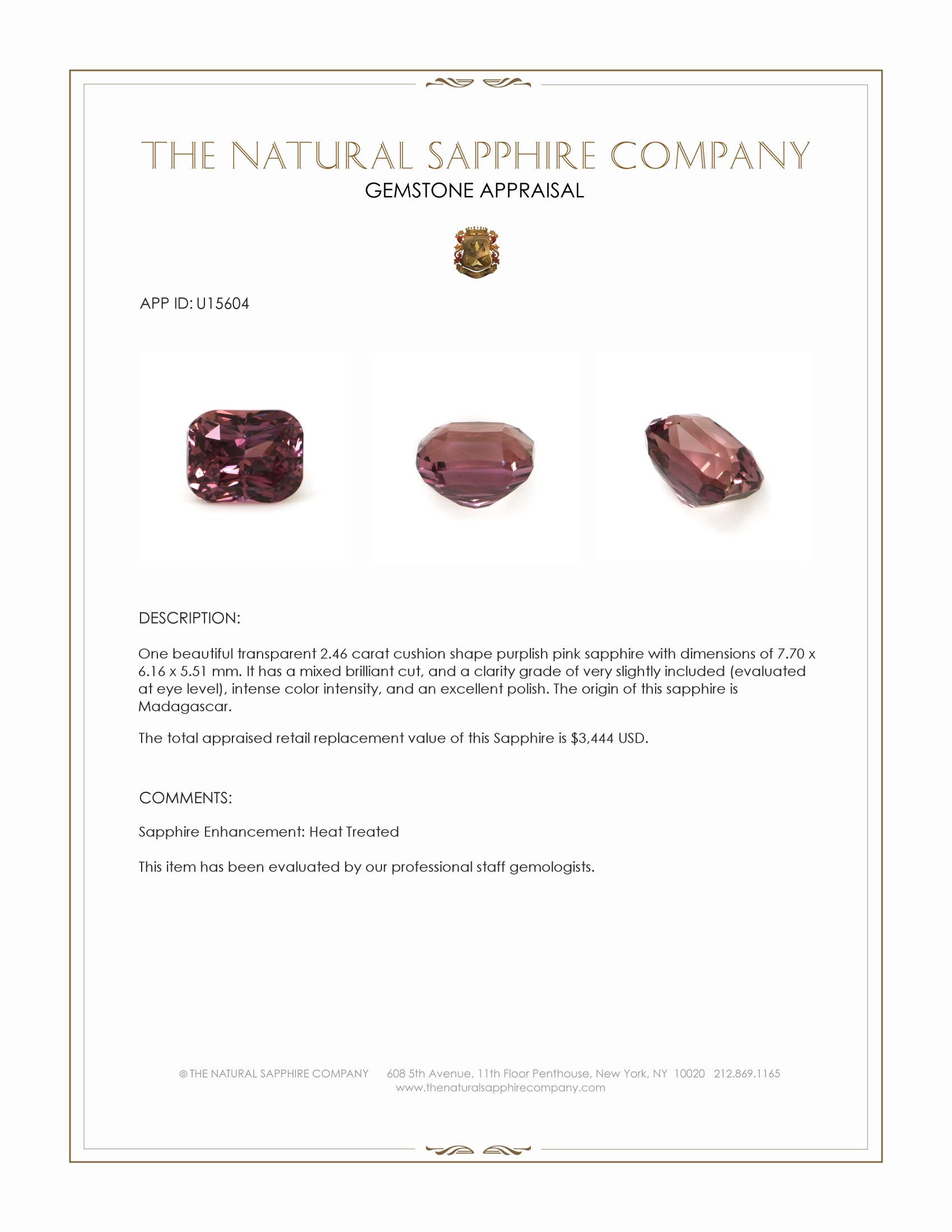 2.46 Ct. Purplish Pink Sapphire from Madagascar
